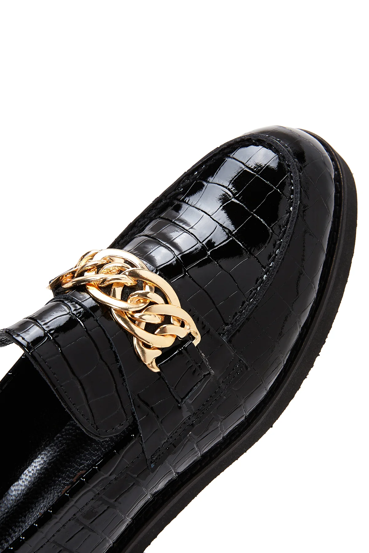 Kadın Siyah Tokalı Kroko Desenli Deri Maskülen Loafer - Image 7