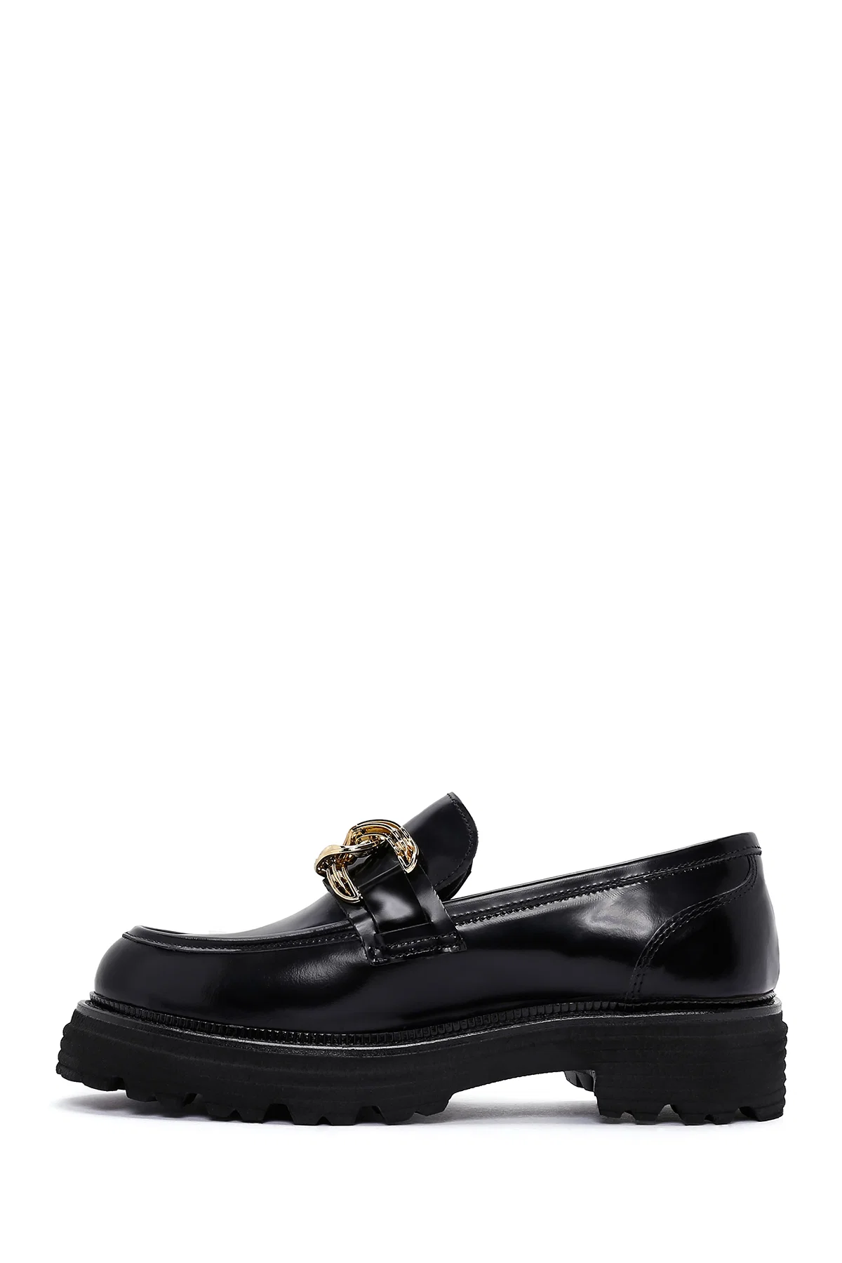 Kadın Siyah Zincir Detaylı Deri Maskülen Loafer - Image 2