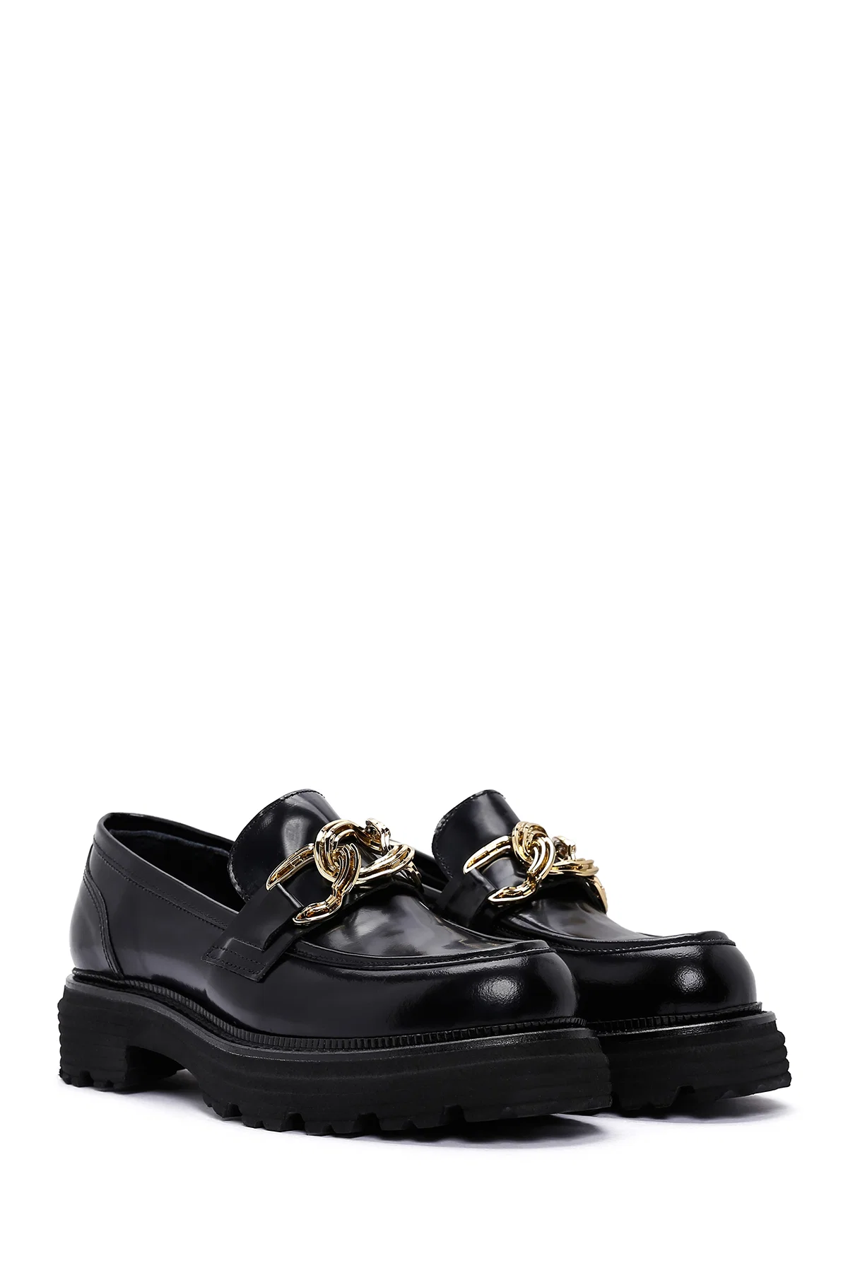 Kadın Siyah Zincir Detaylı Deri Maskülen Loafer - Image 3