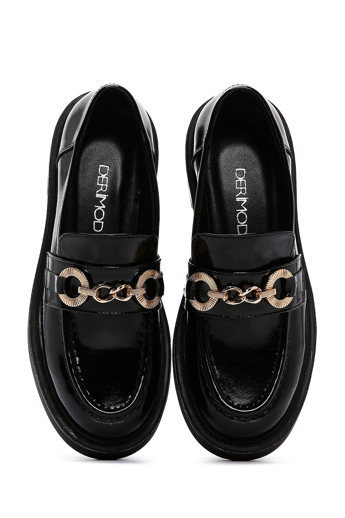 Kadın Siyah Zincir Detaylı Deri Maskülen Loafer - Image 6