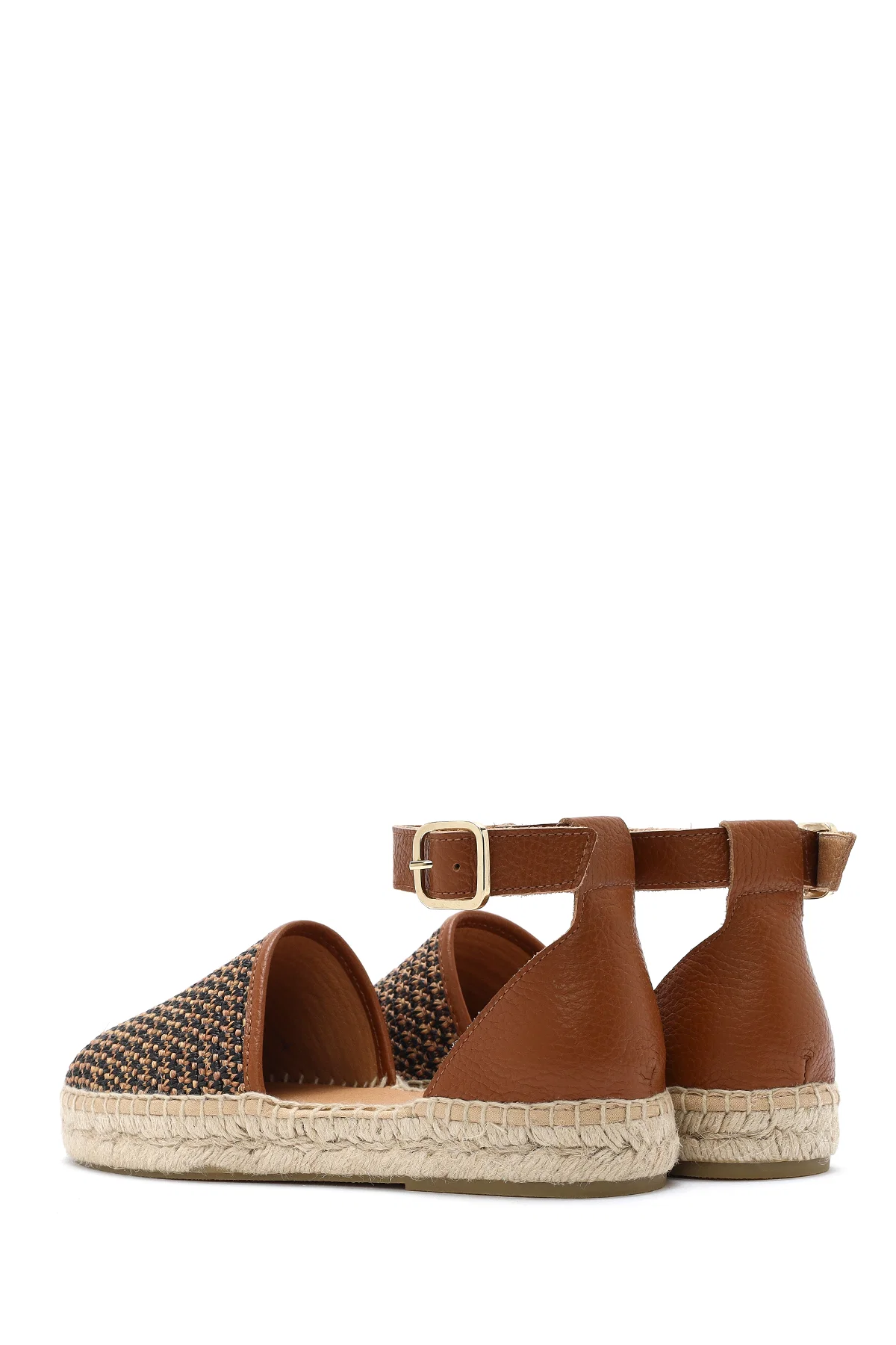Kadın Taba Bilekten Tokalı Hasır Deri Espadril Sandalet - Image 5