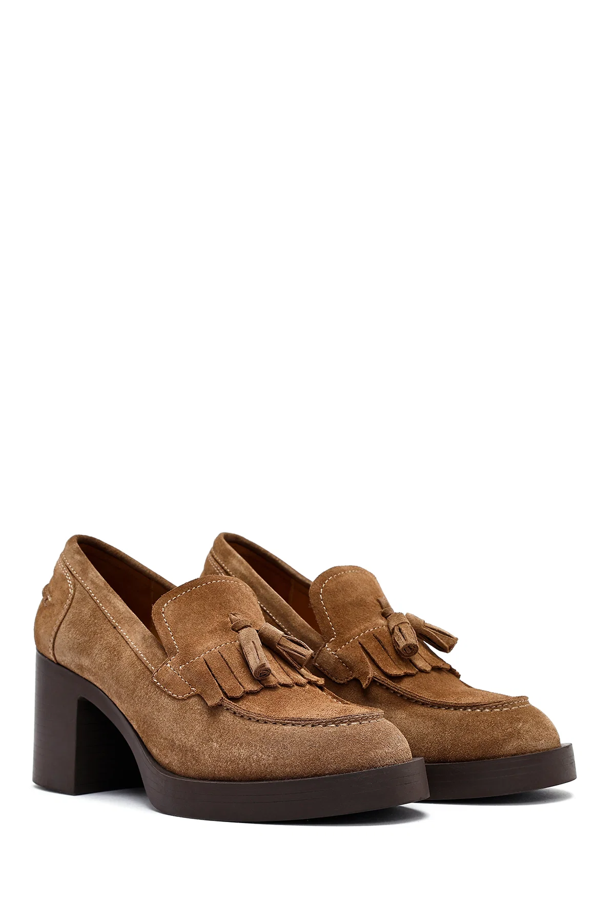 Kadın Taba Kalın Topuklu Süet Deri Maskülen Loafer - Image 3
