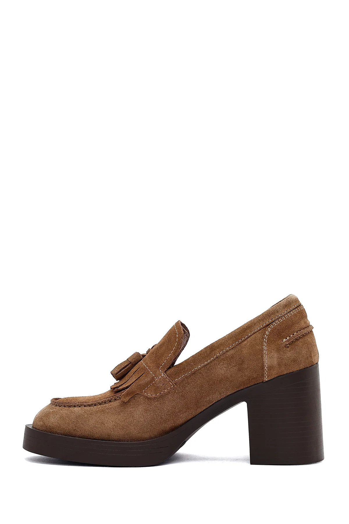 Kadın Taba Kalın Topuklu Süet Deri Maskülen Loafer - Image 4