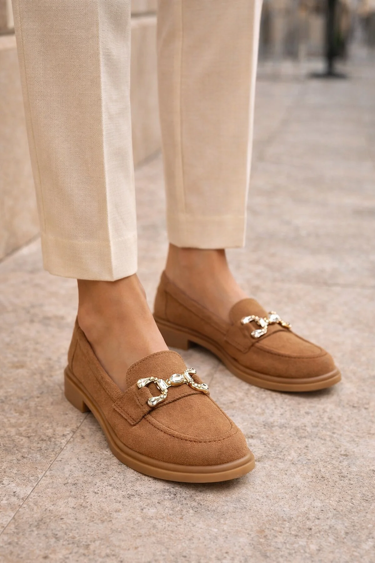 Kadın Taba Taşlı Süet Deri Maskülen Loafer - Image 2