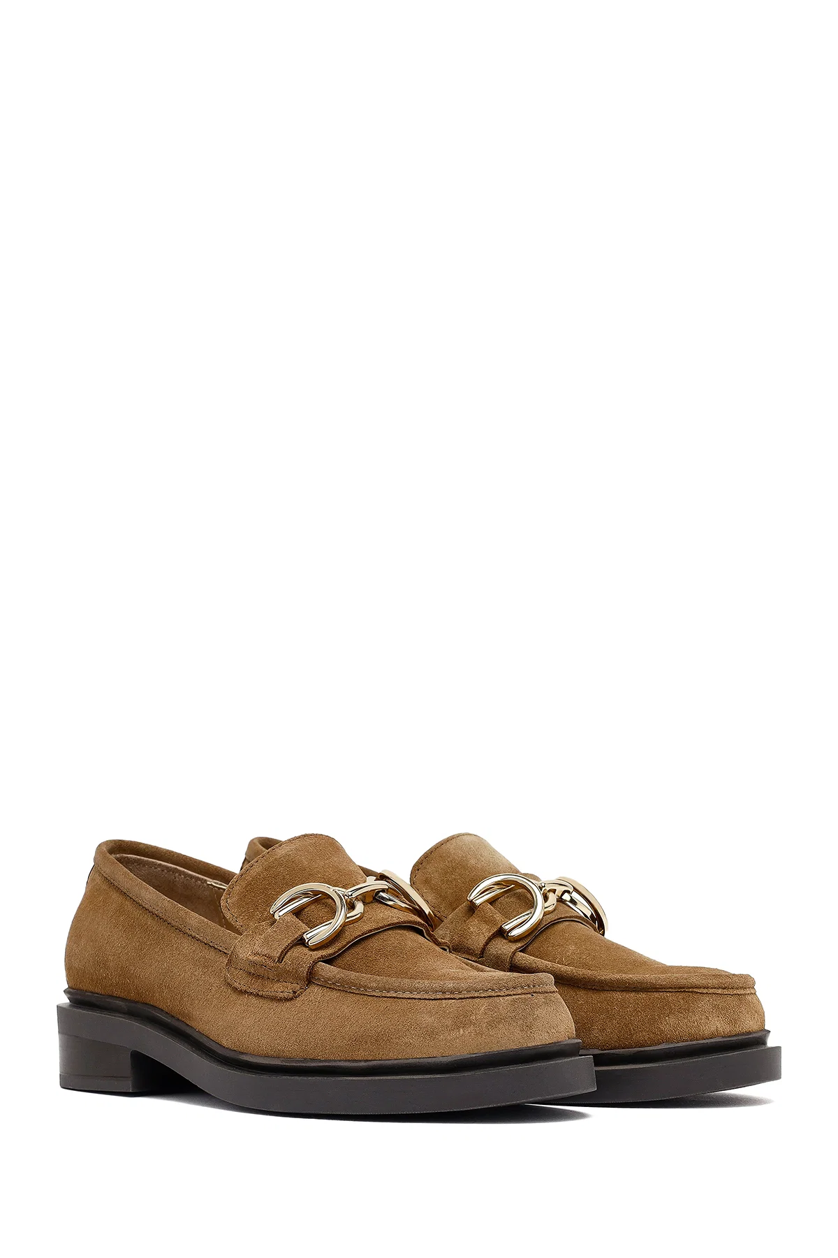 Kadın Taba Tokalı Süet Deri Maskülen Loafer - Image 3