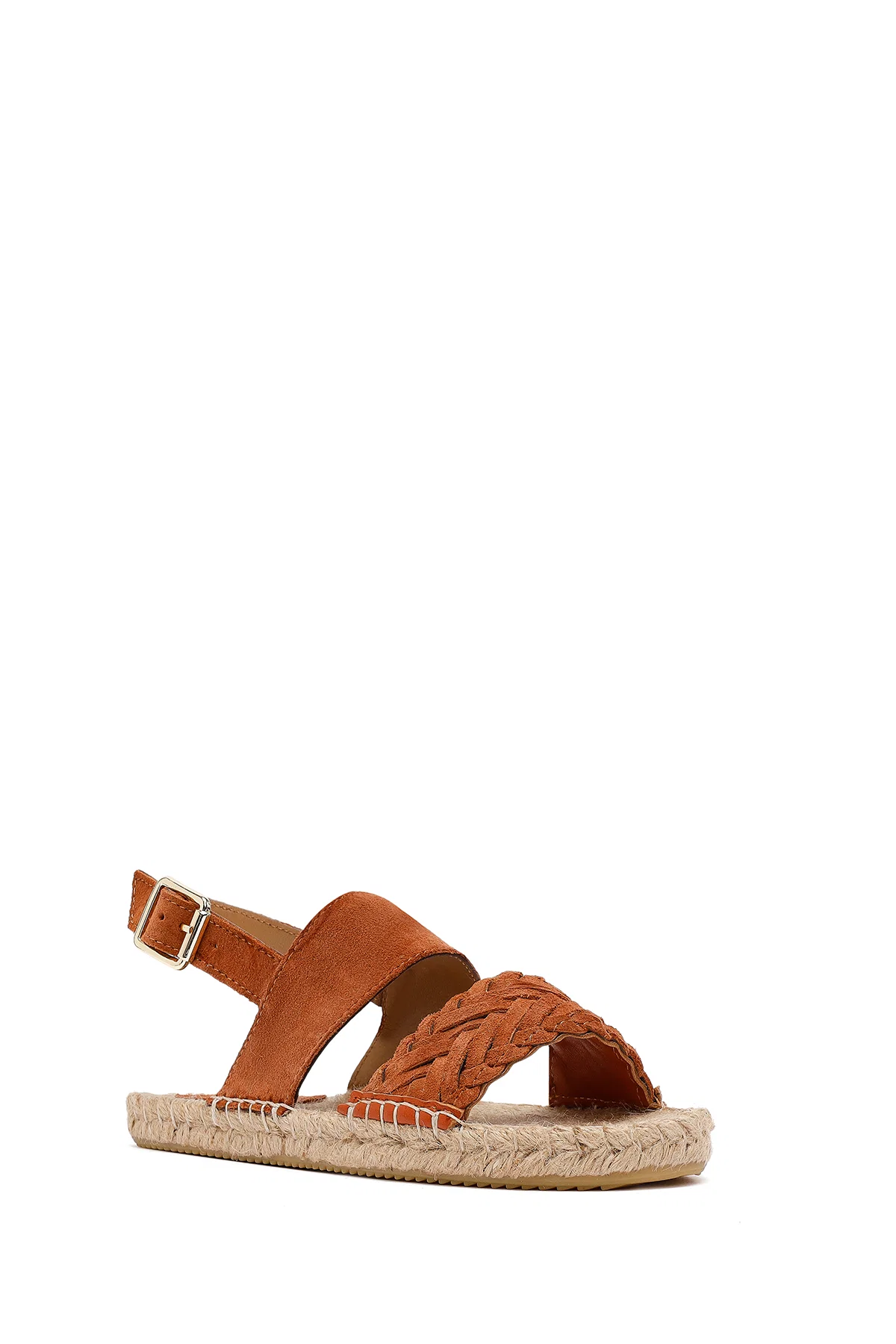 Kadın Turuncu Örgü Detaylı Süet Deri Espadril Sandalet - Image 6