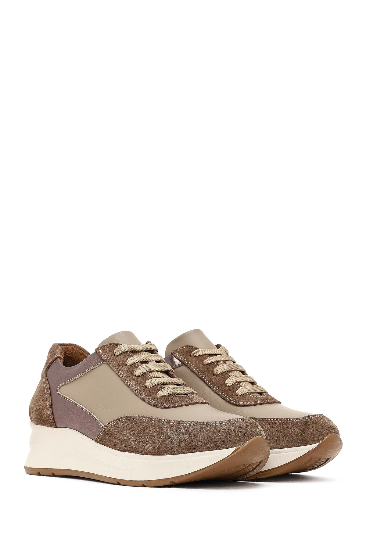 Kadın Vizon Bağcıklı Dolgu Topuklu Deri Sneaker - Image 3