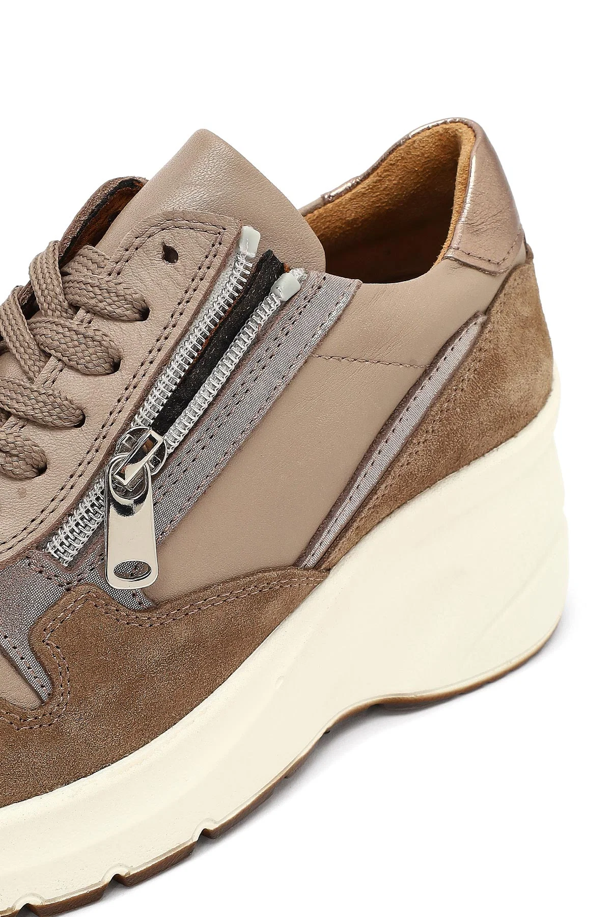 Kadın Vizon Bağcıklı Fermuar Detaylı Dolgu Topuklu Deri Sneaker - Image 12