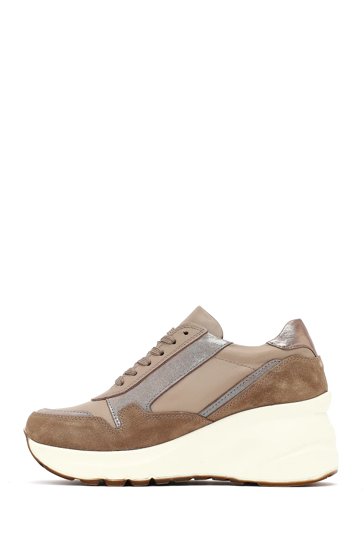 Kadın Vizon Bağcıklı Fermuar Detaylı Dolgu Topuklu Deri Sneaker - Image 2