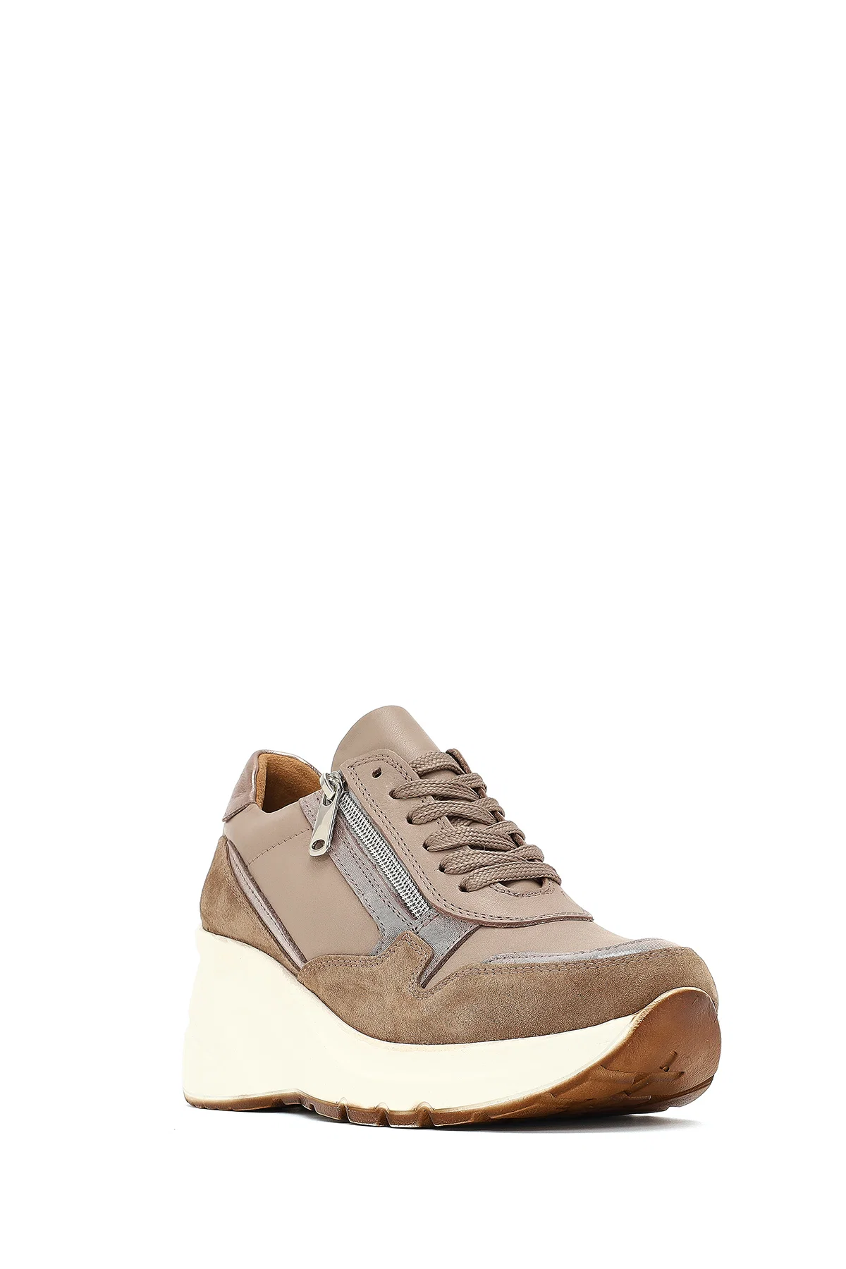 Kadın Vizon Bağcıklı Fermuar Detaylı Dolgu Topuklu Deri Sneaker - Image 6