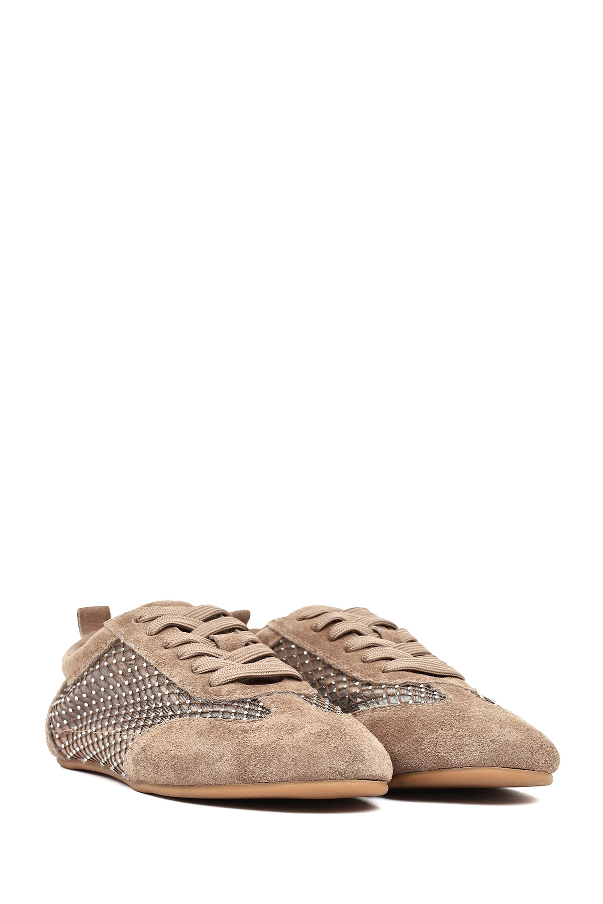 Kadın Vizon Bağcıklı Taşlı Süet Deri Sneaker - Image 2