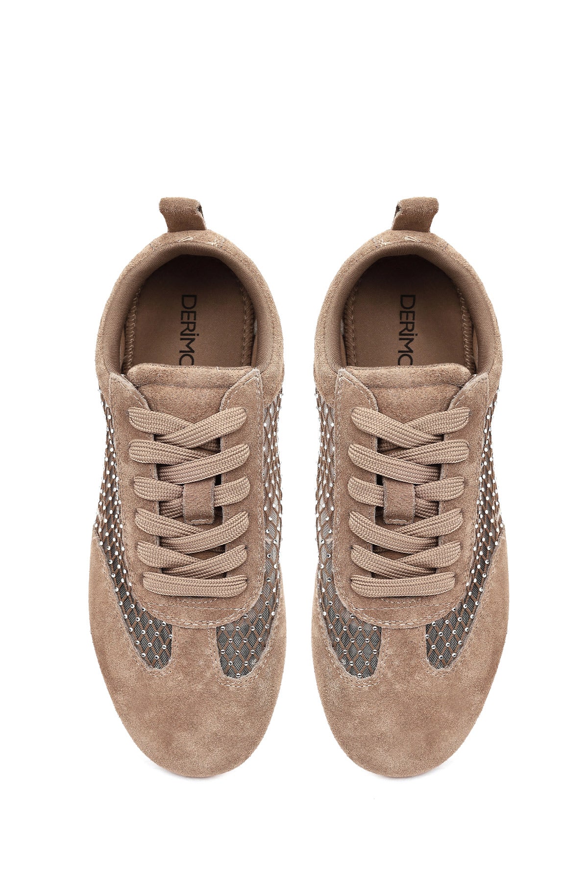 Kadın Vizon Bağcıklı Taşlı Süet Deri Sneaker - Image 4