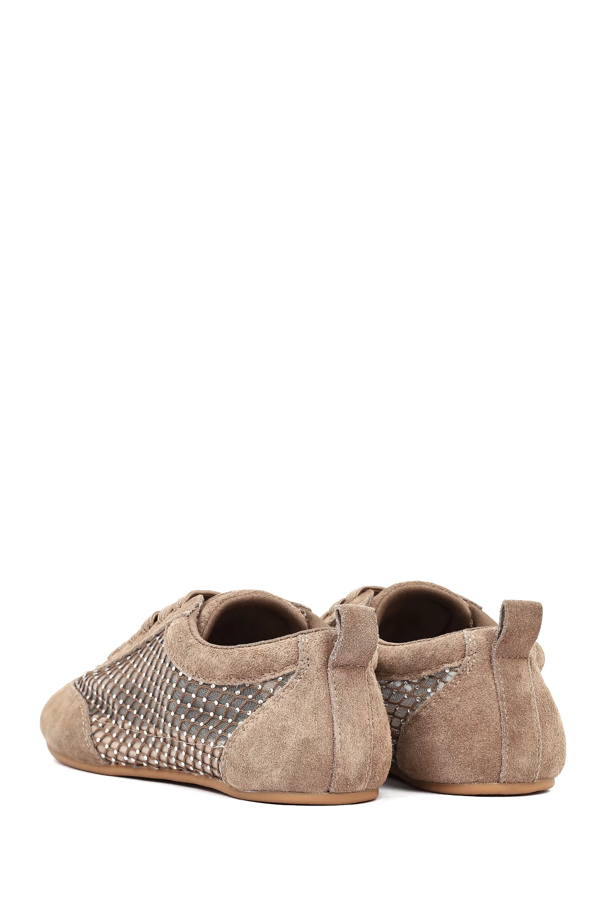 Kadın Vizon Bağcıklı Taşlı Süet Deri Sneaker - Image 6
