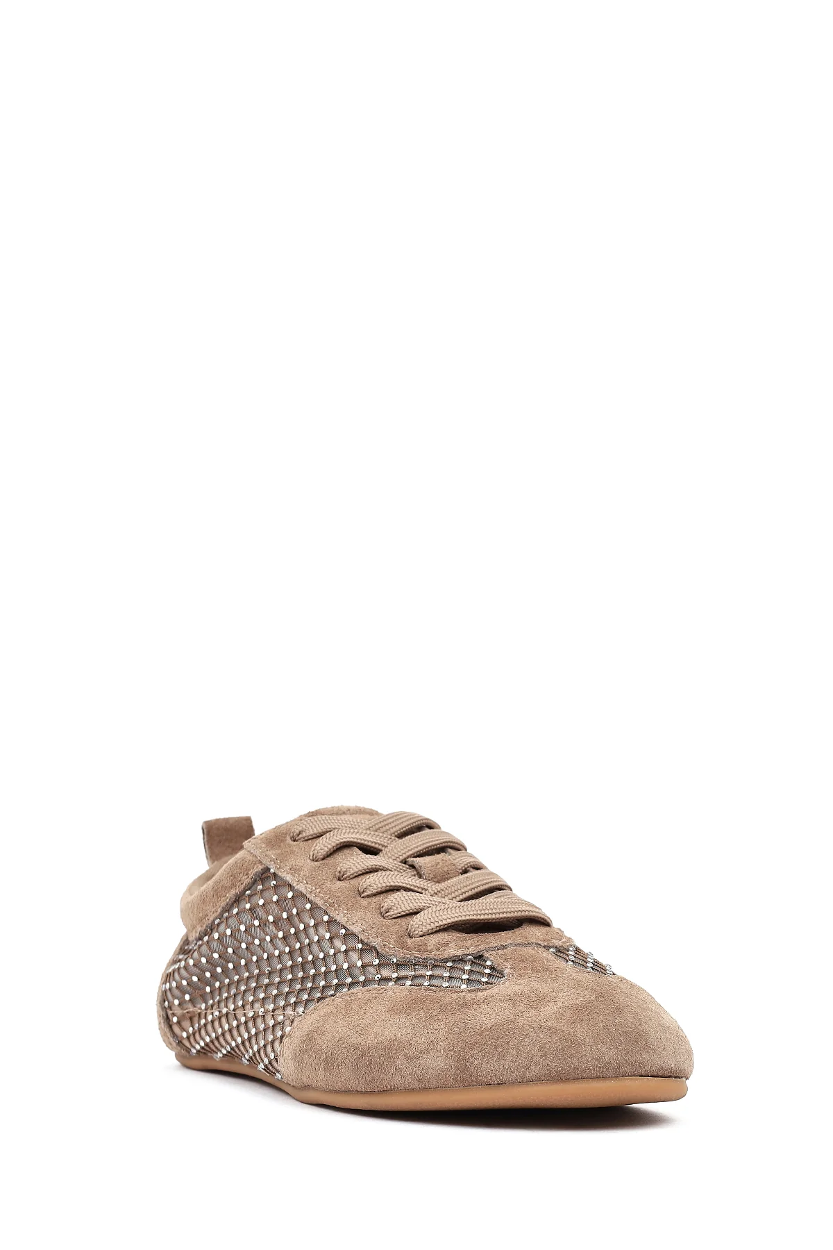 Kadın Vizon Bağcıklı Taşlı Süet Deri Sneaker - Image 7