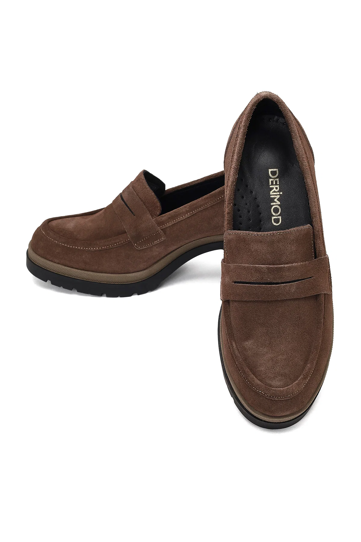 Kadın Vizon Kalın Topuklu Süet Deri Maskülen Loafer - Image 11