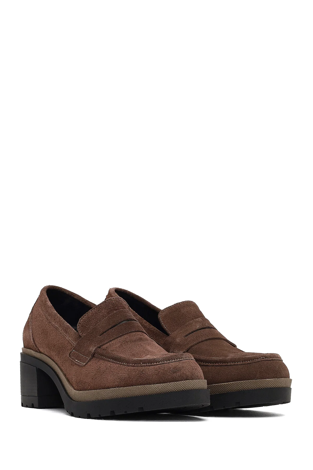 Kadın Vizon Kalın Topuklu Süet Deri Maskülen Loafer - Image 3