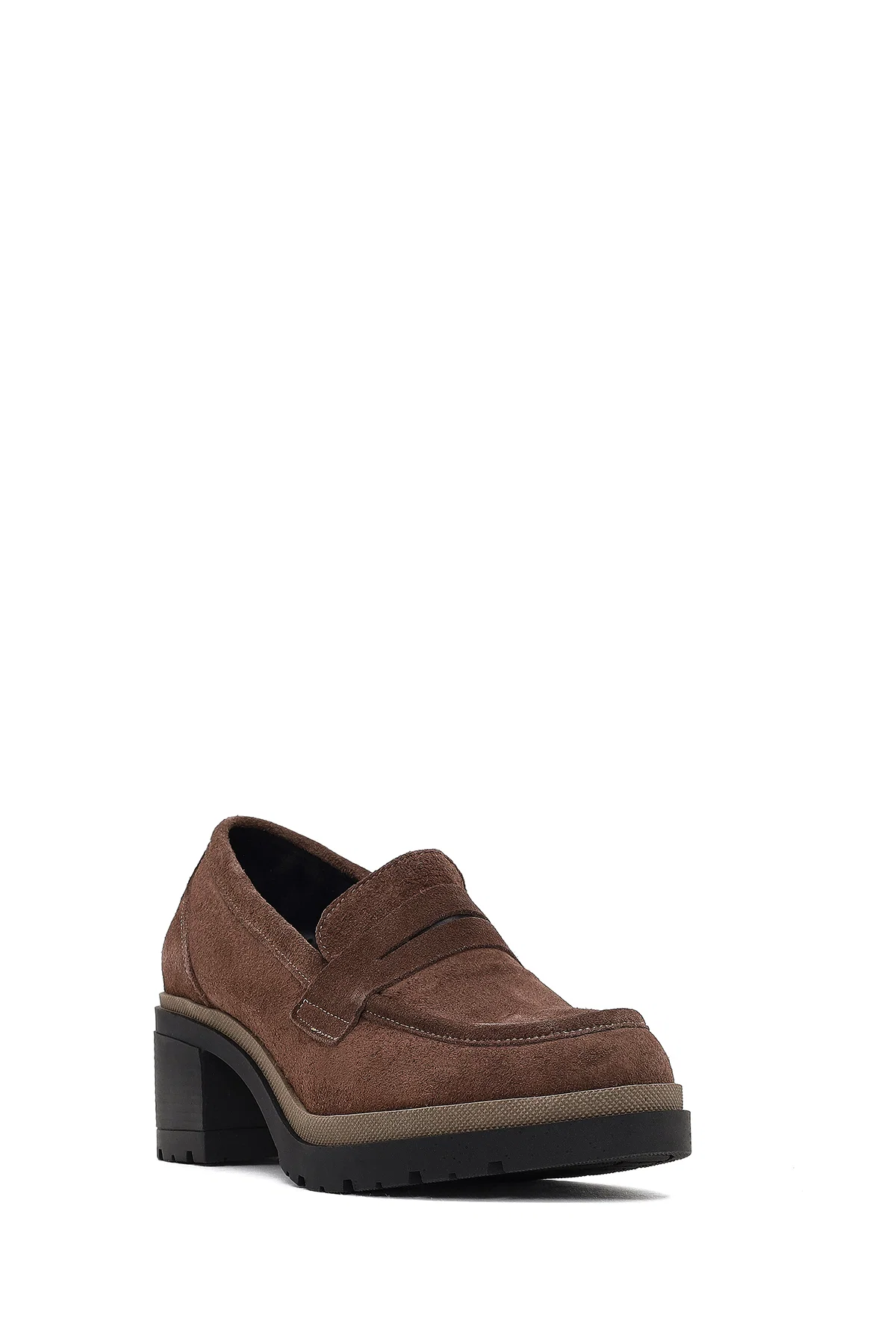 Kadın Vizon Kalın Topuklu Süet Deri Maskülen Loafer - Image 7