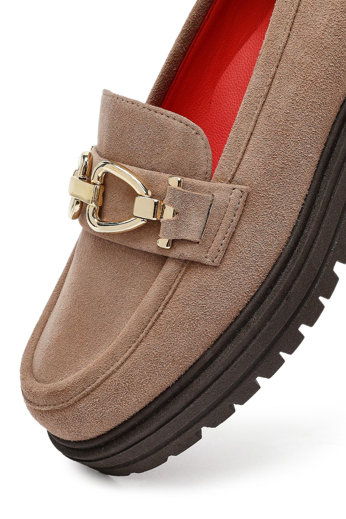 Kadın Vizon Tokalı Süet Deri Maskülen Loafer - Image 9