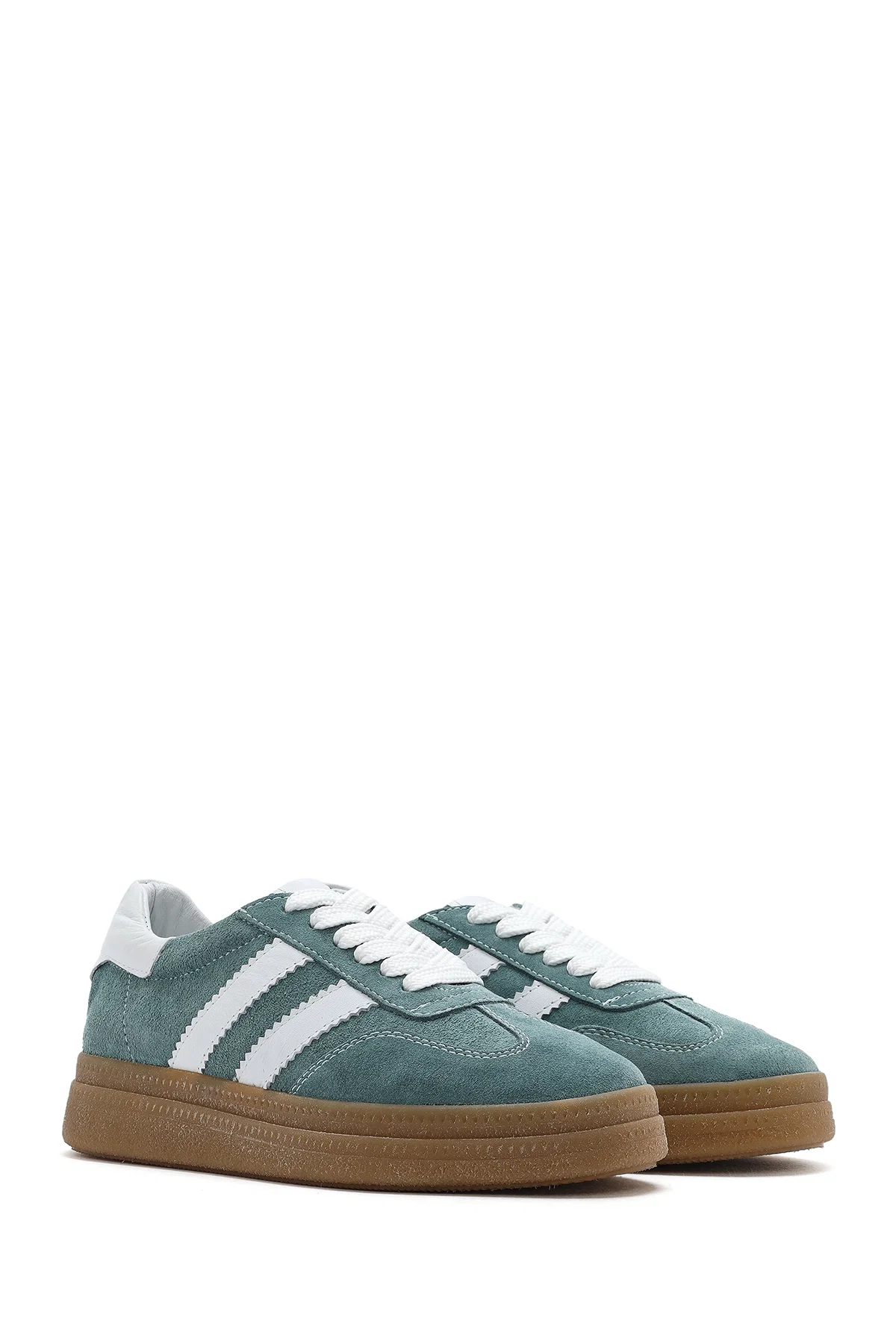Kadın Yeşil Bağcıklı Kalın Tabanlı Süet Deri Sneaker - Image 3