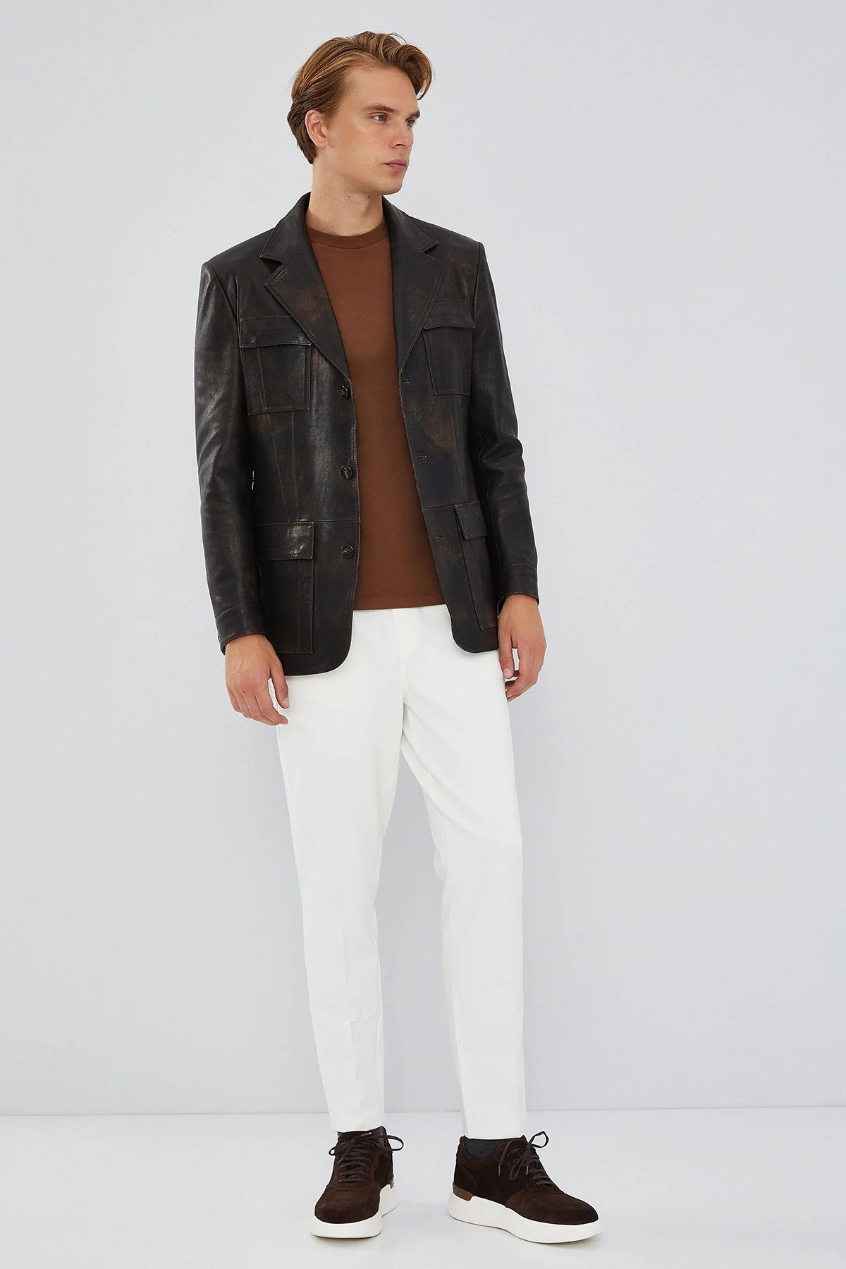 Kane Erkek Kahverengi Vintage Blazer Safari Deri Ceket - Image 5