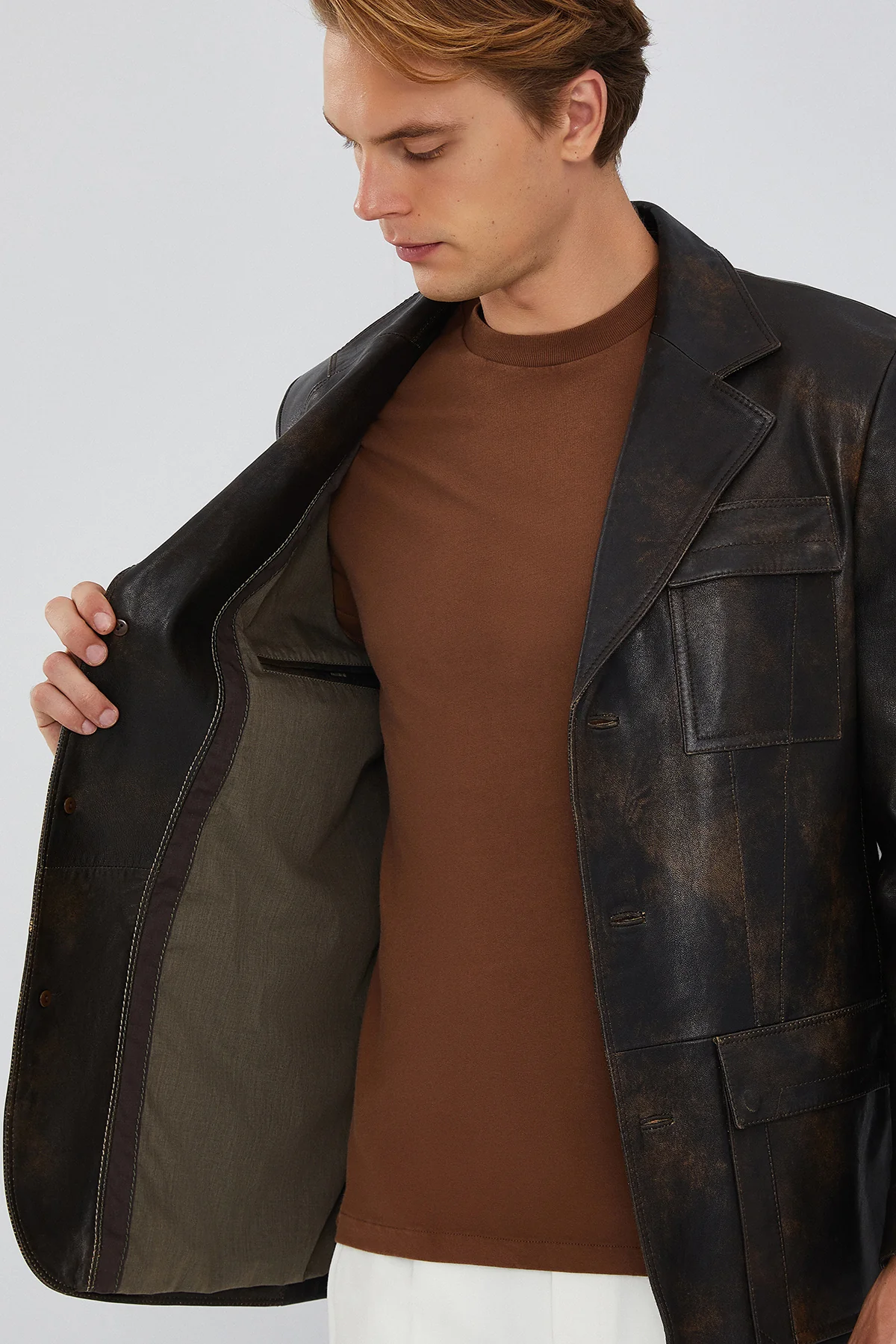 Kane Erkek Kahverengi Vintage Blazer Safari Deri Ceket - Image 7