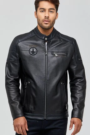 Kawhi Erkek Siyah Slim-Fit Armalı Deri Mont - Image 4