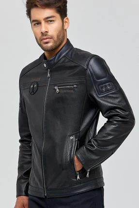 Kawhi Erkek Siyah Slim-Fit Armalı Deri Mont - Image 5