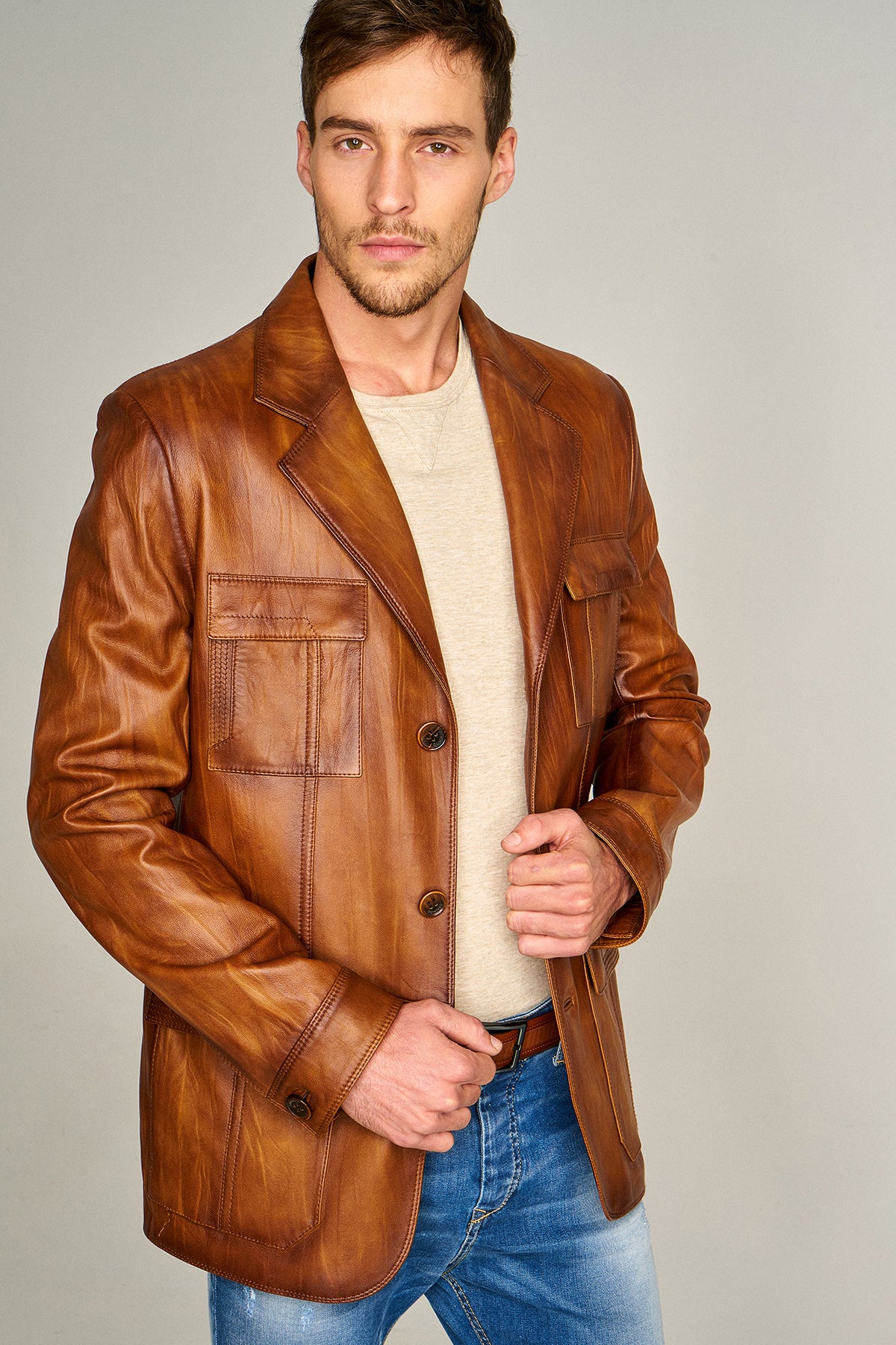 Kevin Erkek Camel Blazer Deri Ceket - Image 2