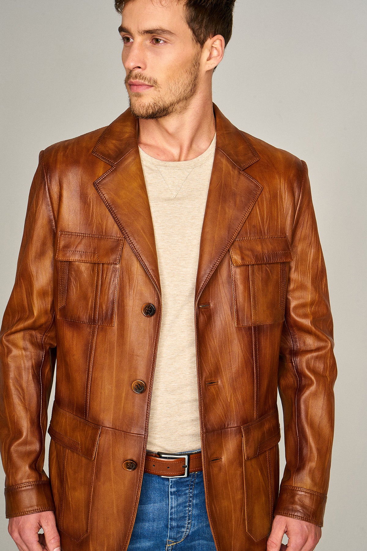 Kevin Erkek Camel Blazer Deri Ceket - Image 3