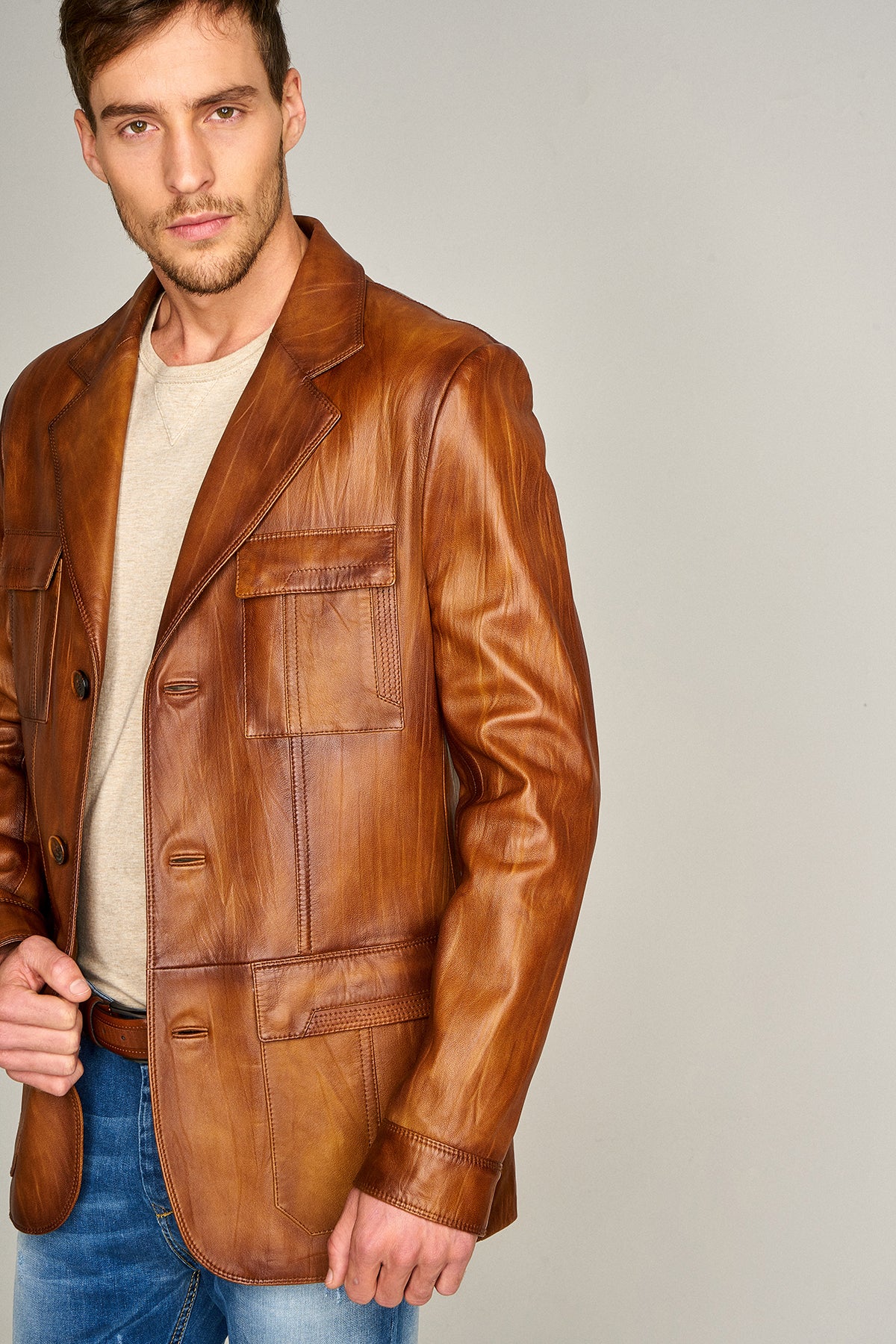 Kevin Erkek Camel Blazer Deri Ceket - Image 6