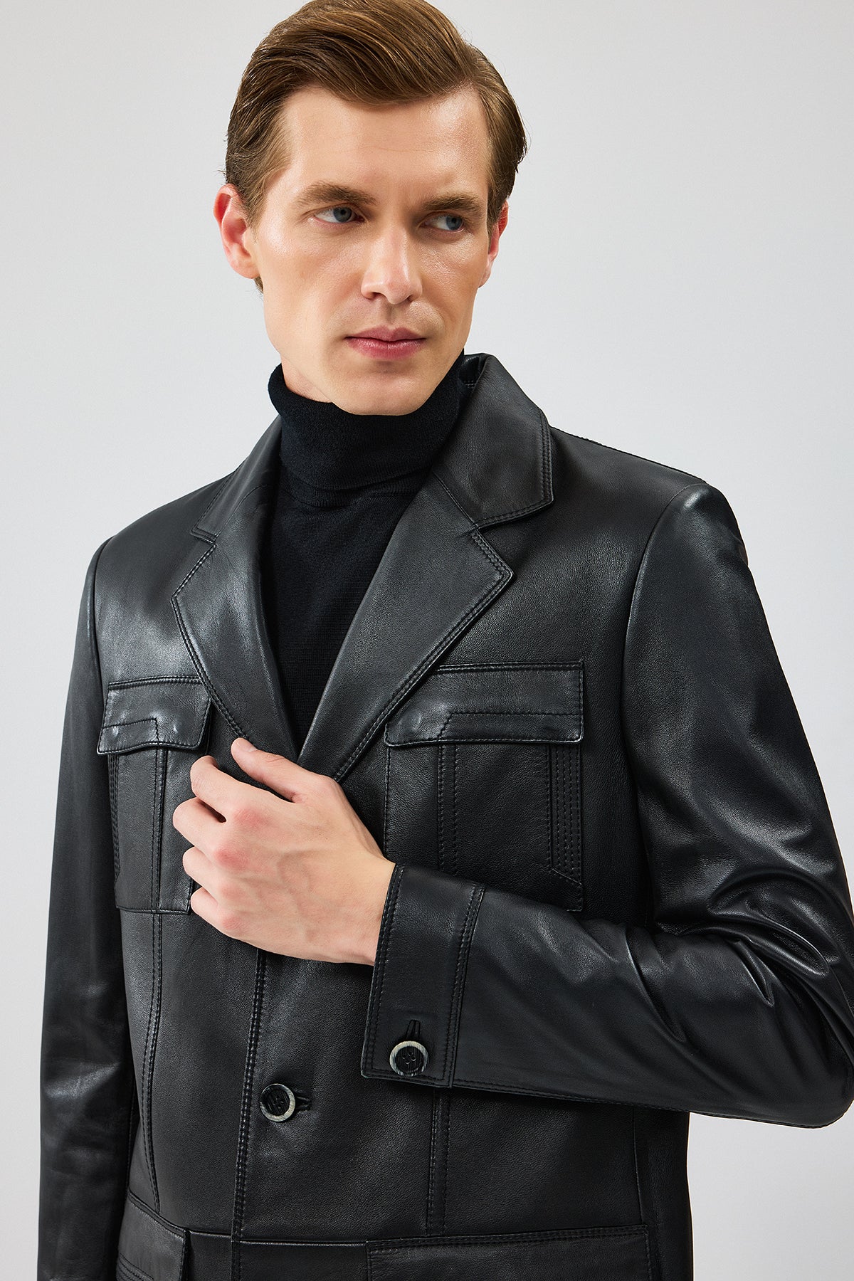 Kevin Erkek Siyah Blazer Deri Ceket - Image 8