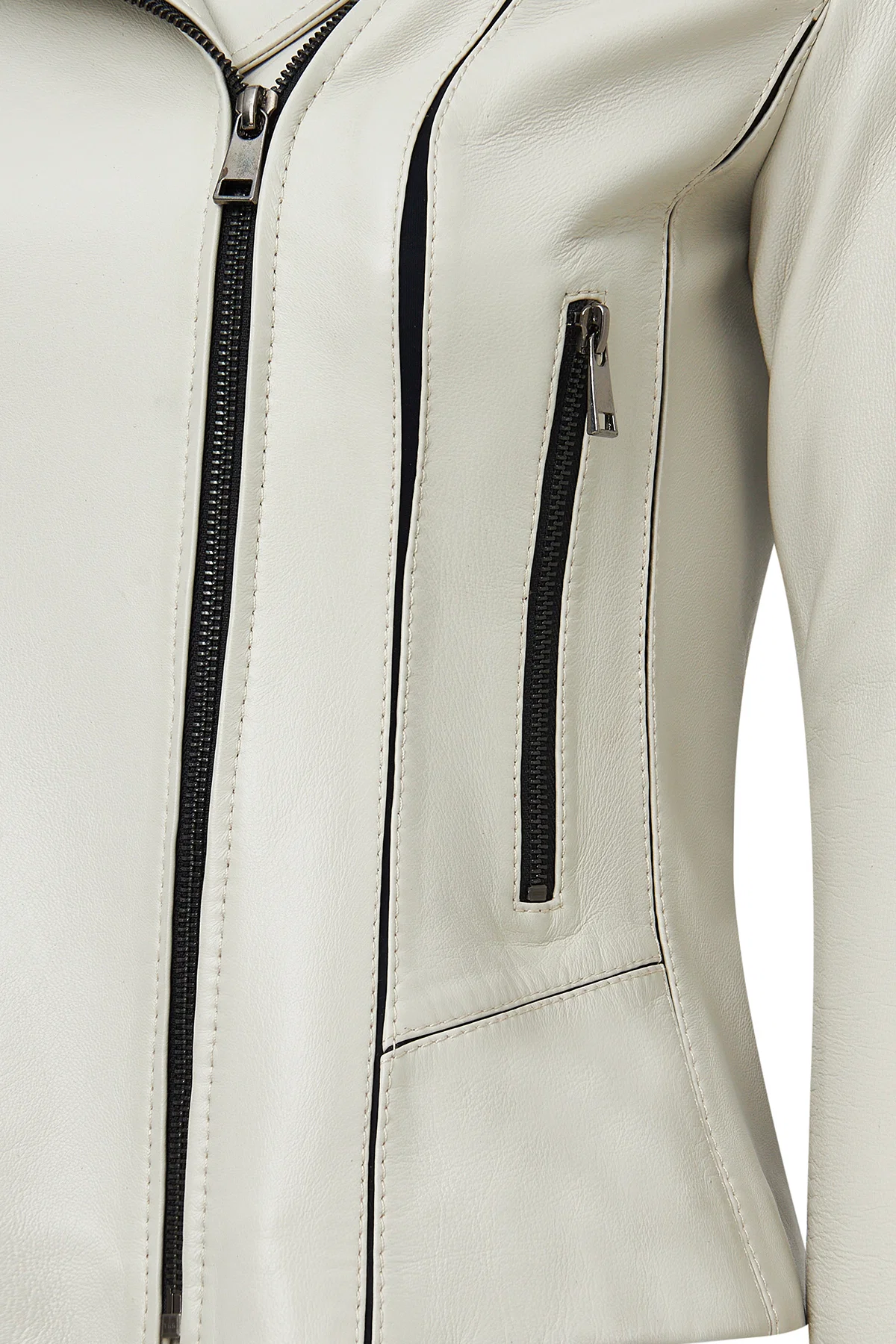 Kiara Kadın Bej Slim-Fit Biker Deri Ceket - Image 3