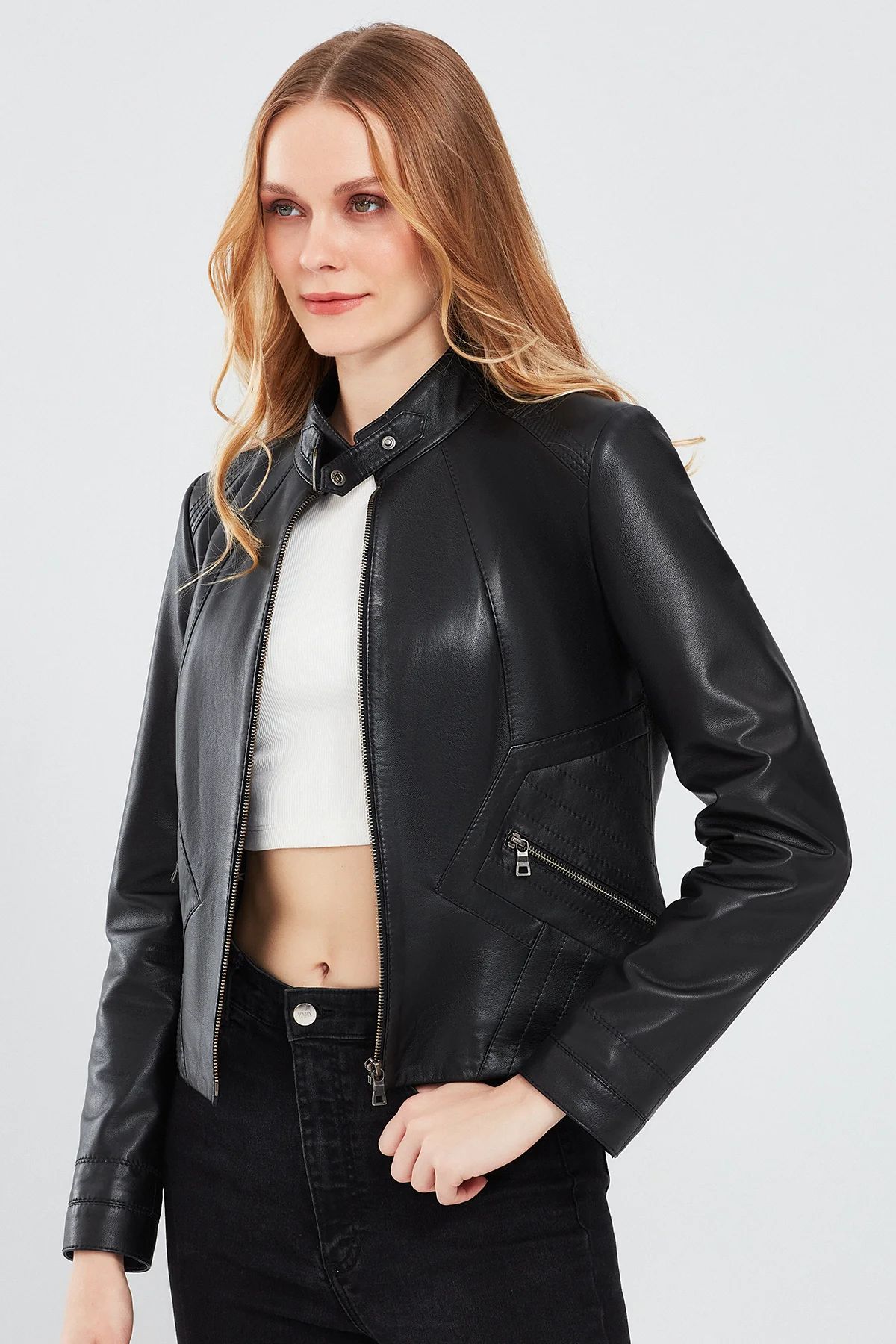 Kristin Kadın Siyah Kısa Deri Ceket - Image 3