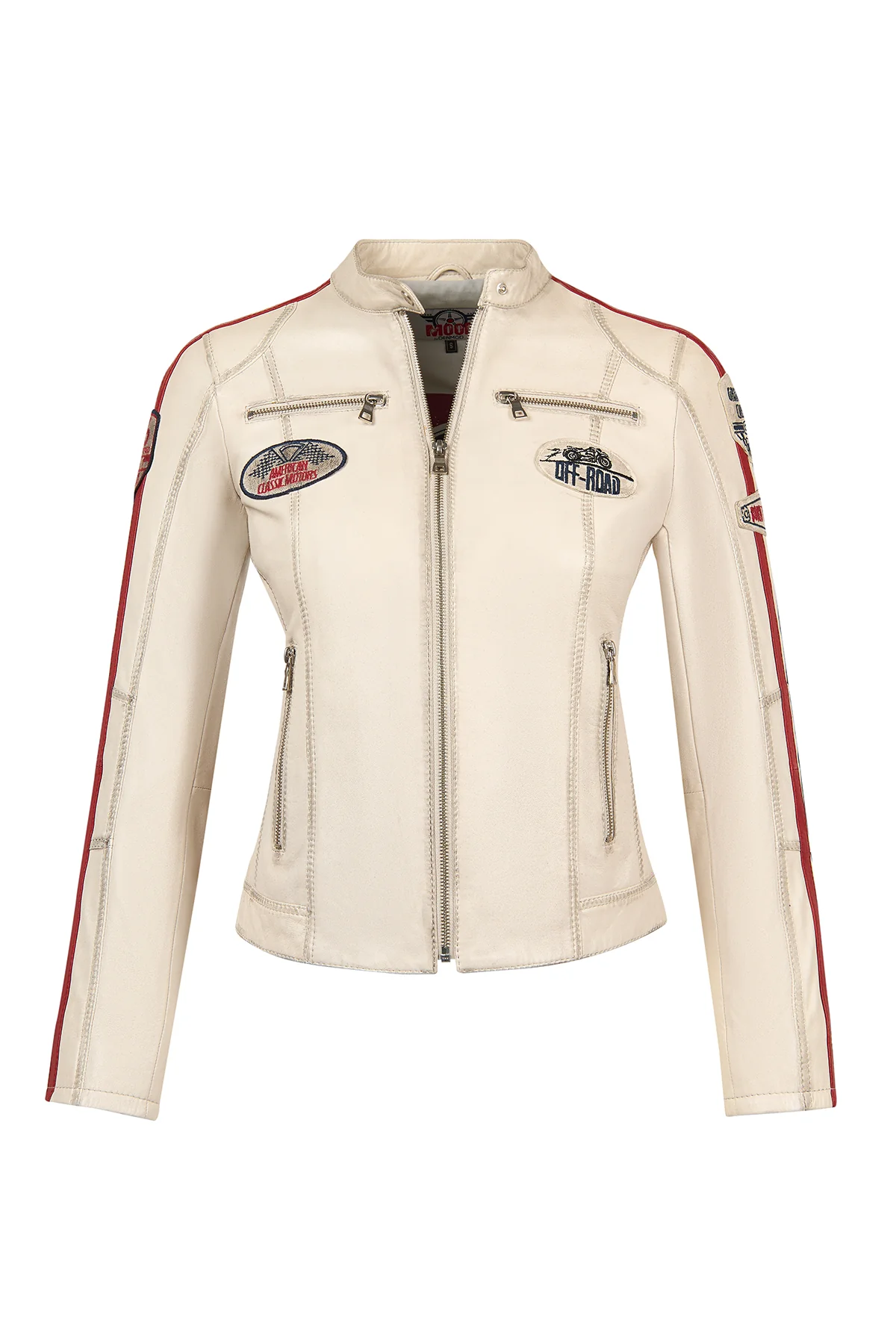 Ladyracer Kadın Beyaz Armalı Slim-Fit Deri Ceket - Image 2