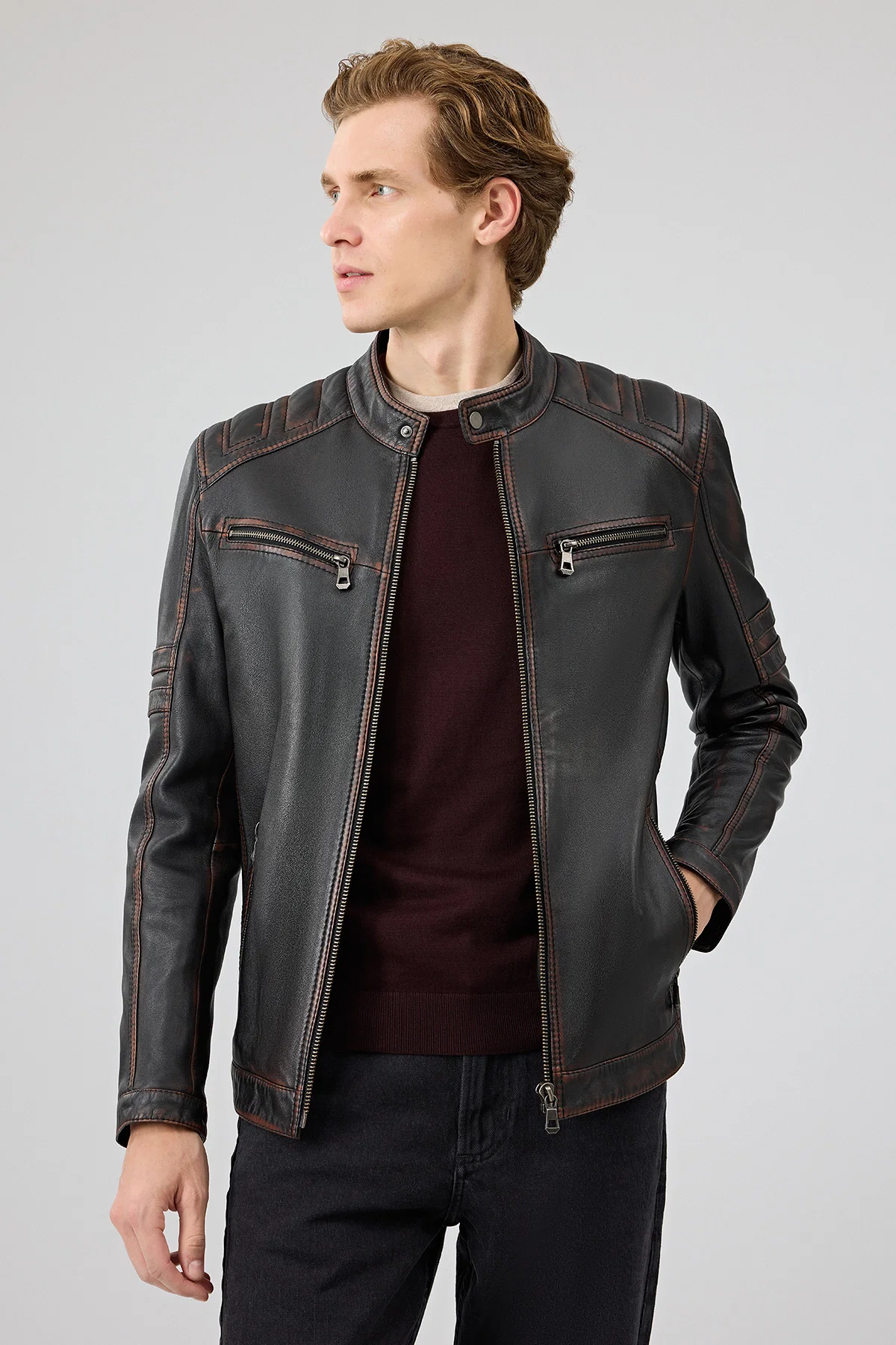 Leonard Erkek Kahverengi Vintage Slim-Fit Deri Ceket - Image 2