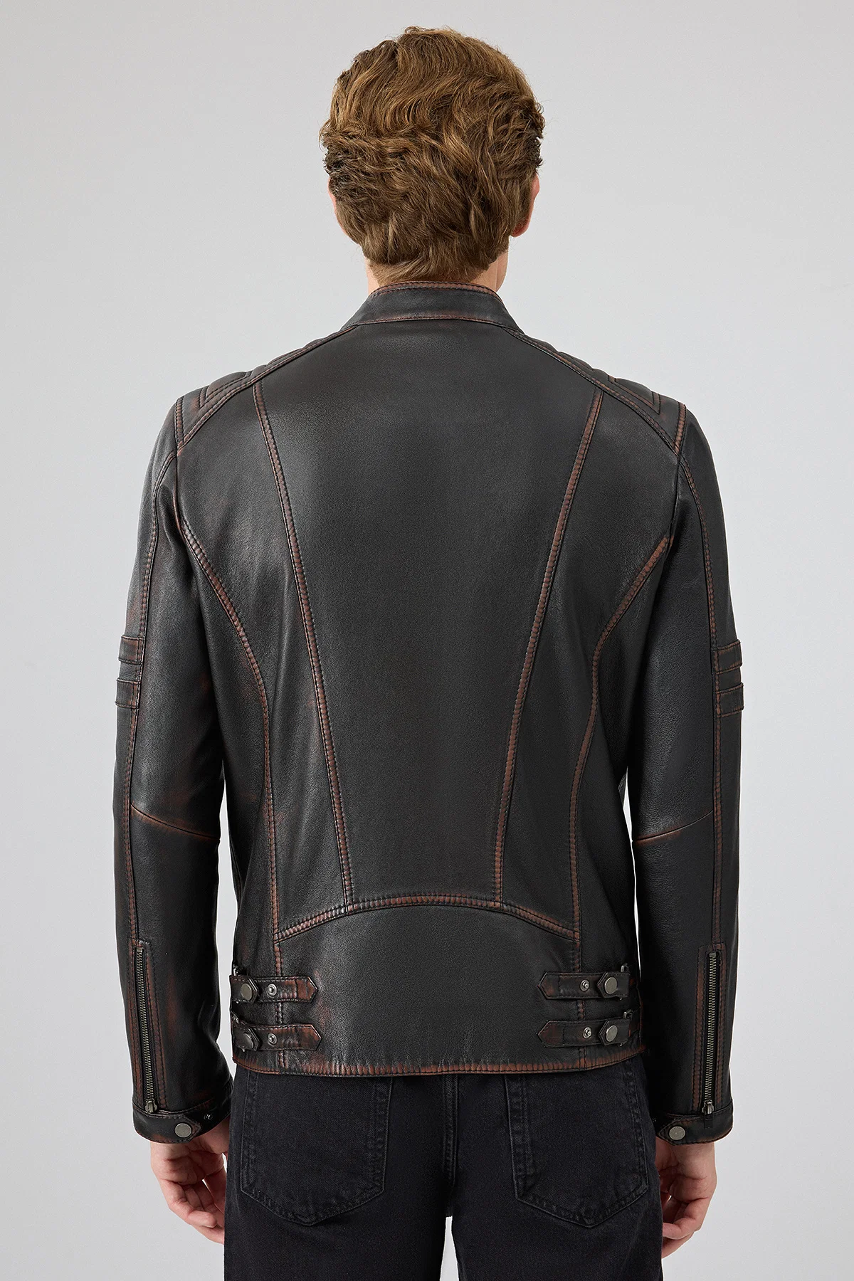 Leonard Erkek Kahverengi Vintage Slim-Fit Deri Ceket - Image 5
