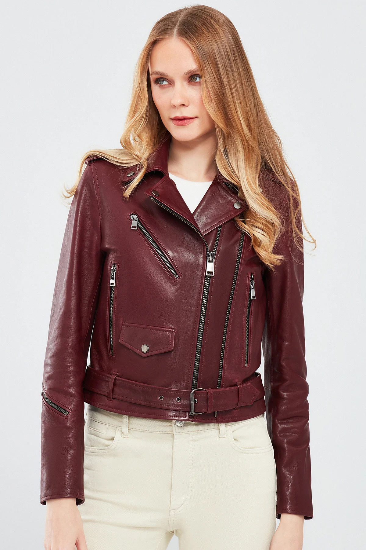 London Kadın Bordo Biker Deri Ceket - Image 3