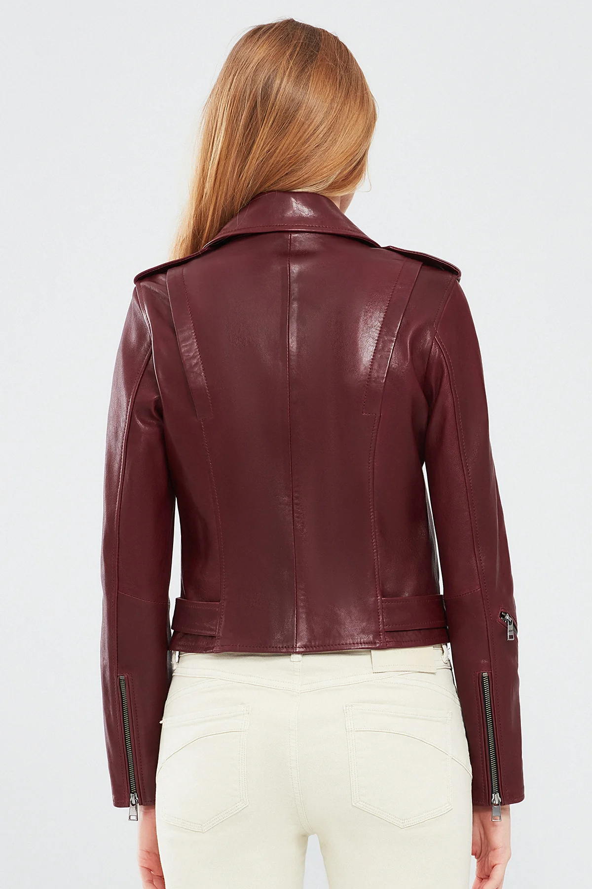 London Kadın Bordo Biker Deri Ceket - Image 4