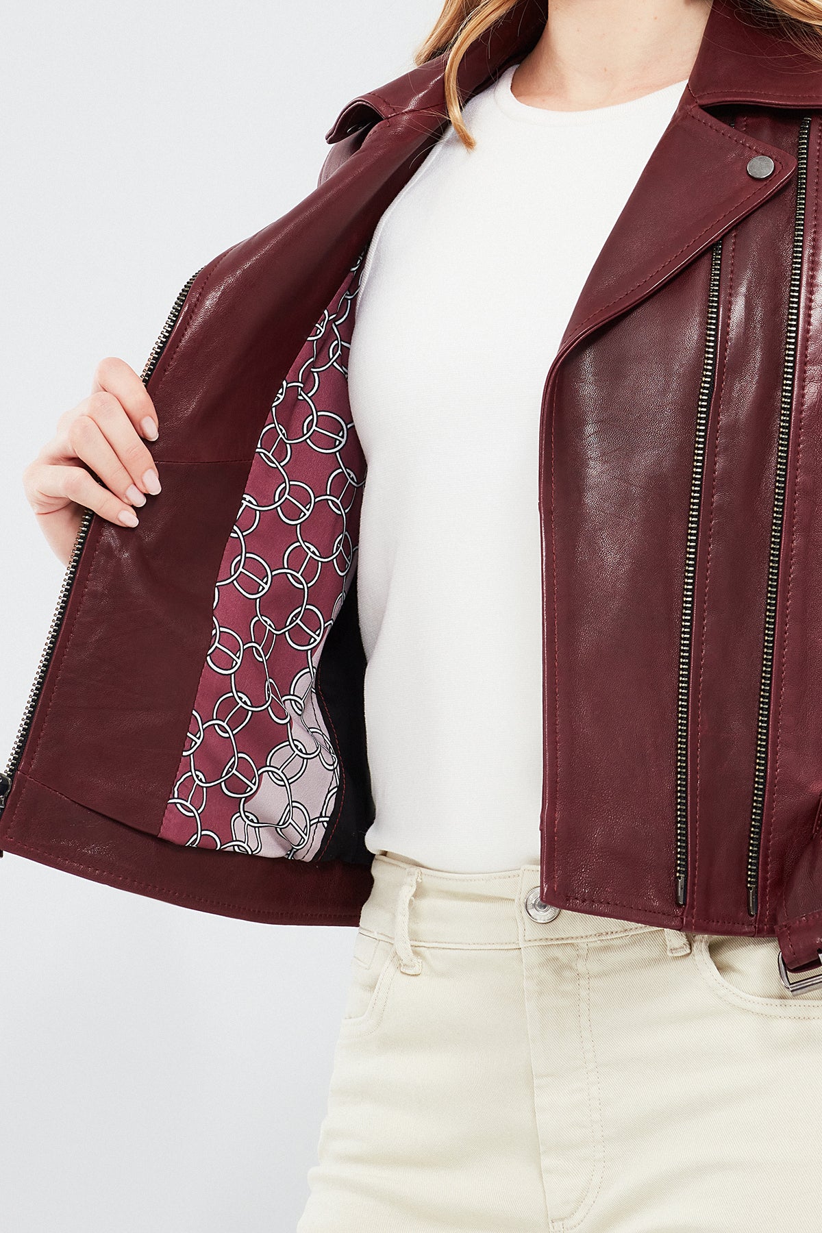 London Kadın Bordo Biker Deri Ceket - Image 7