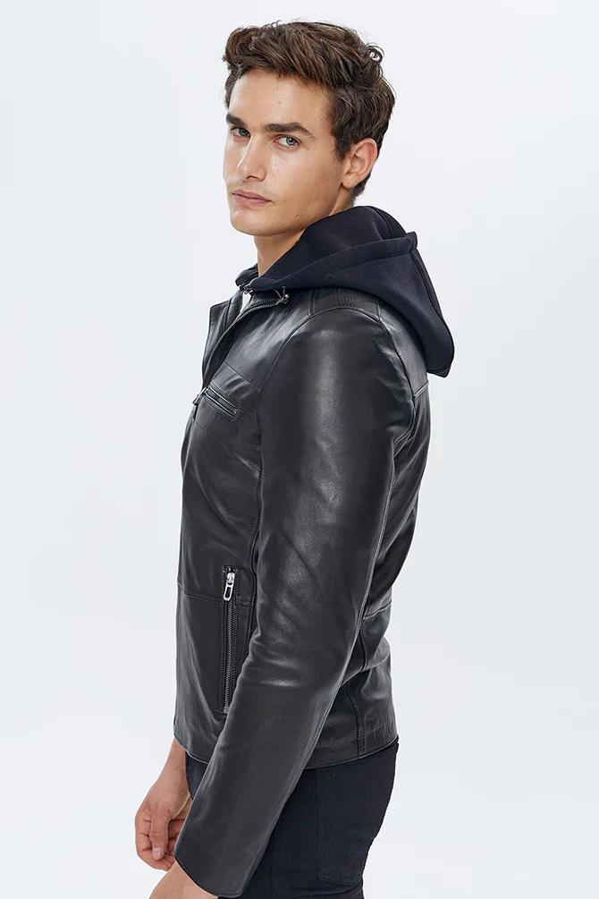 Lopez Erkek Siyah Kapüşonlu Slim-Fit Deri Ceket - Image 4