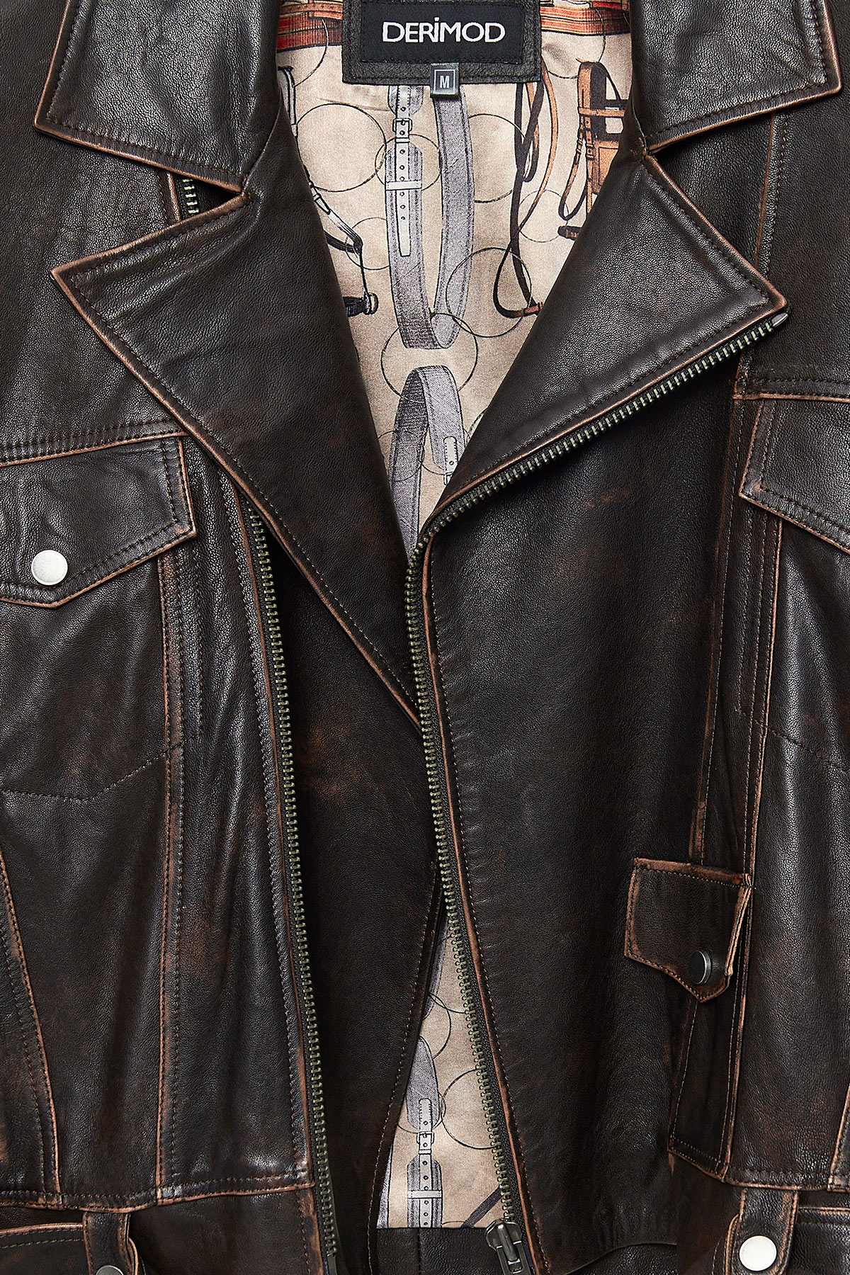 Lugano Kadın Kahverengi Vintage Biker Deri Ceket - Image 5