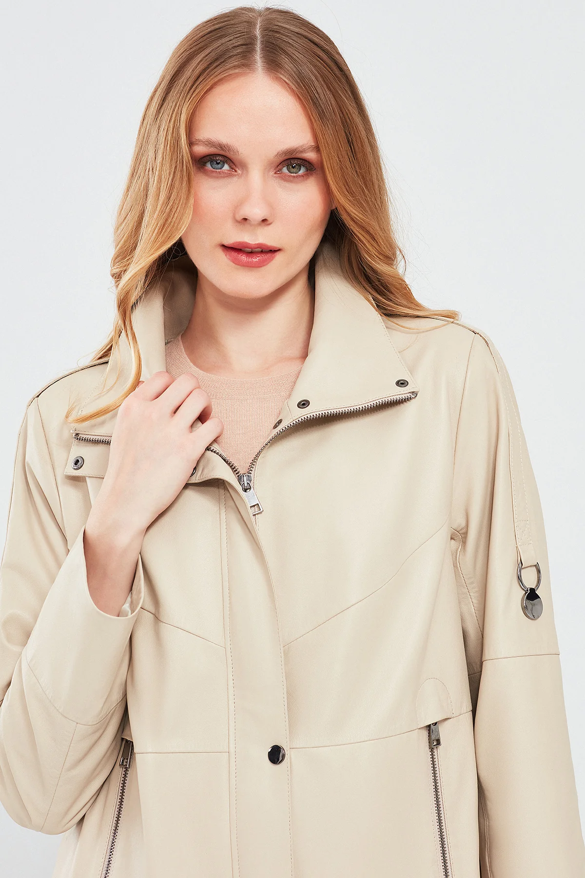 Luisa Kadın Bej Oversize Deri Mont - Image 5