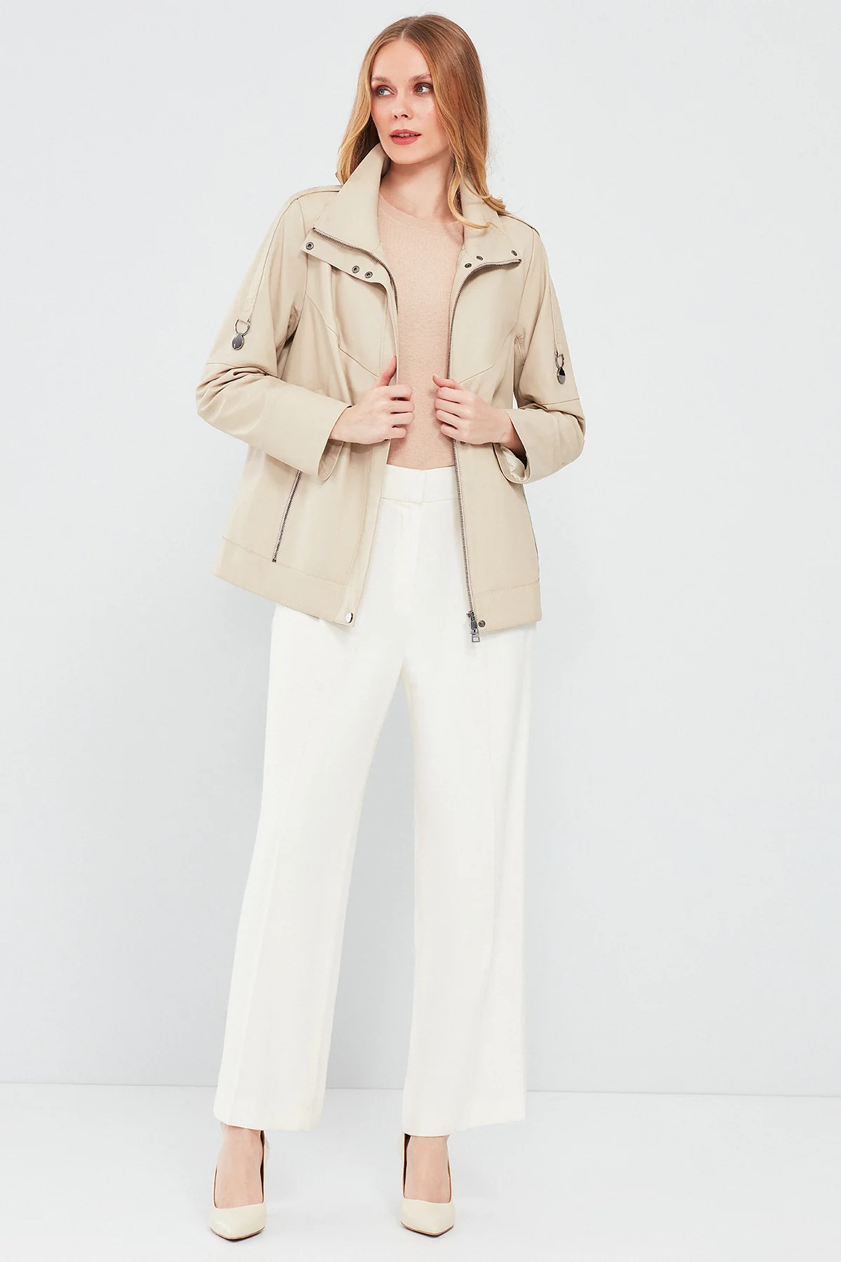 Luisa Kadın Bej Oversize Deri Mont - Image 7