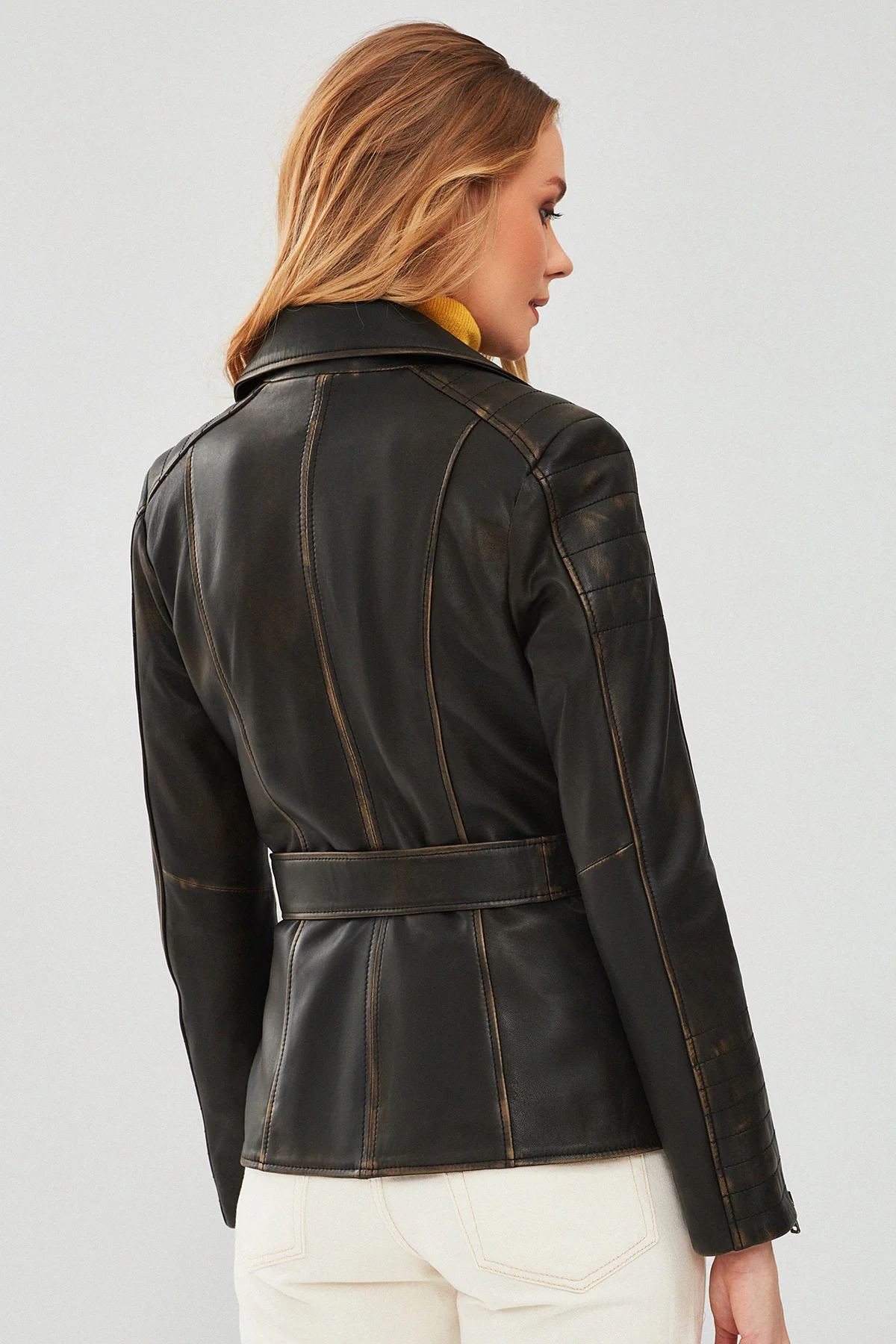Mayfair Kadın Kahverengi Vintage Uzun Biker Deri Ceket - Image 4