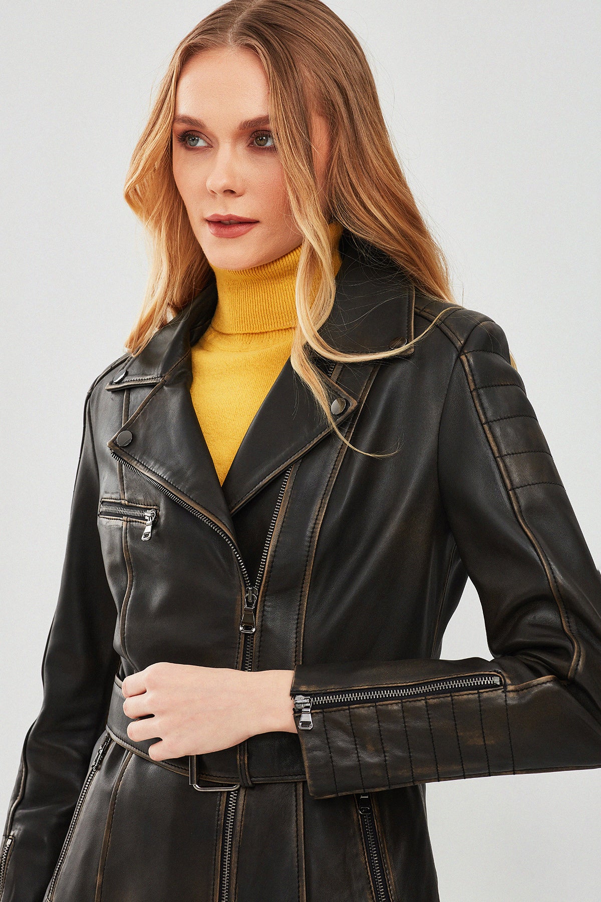 Mayfair Kadın Kahverengi Vintage Uzun Biker Deri Ceket - Image 5