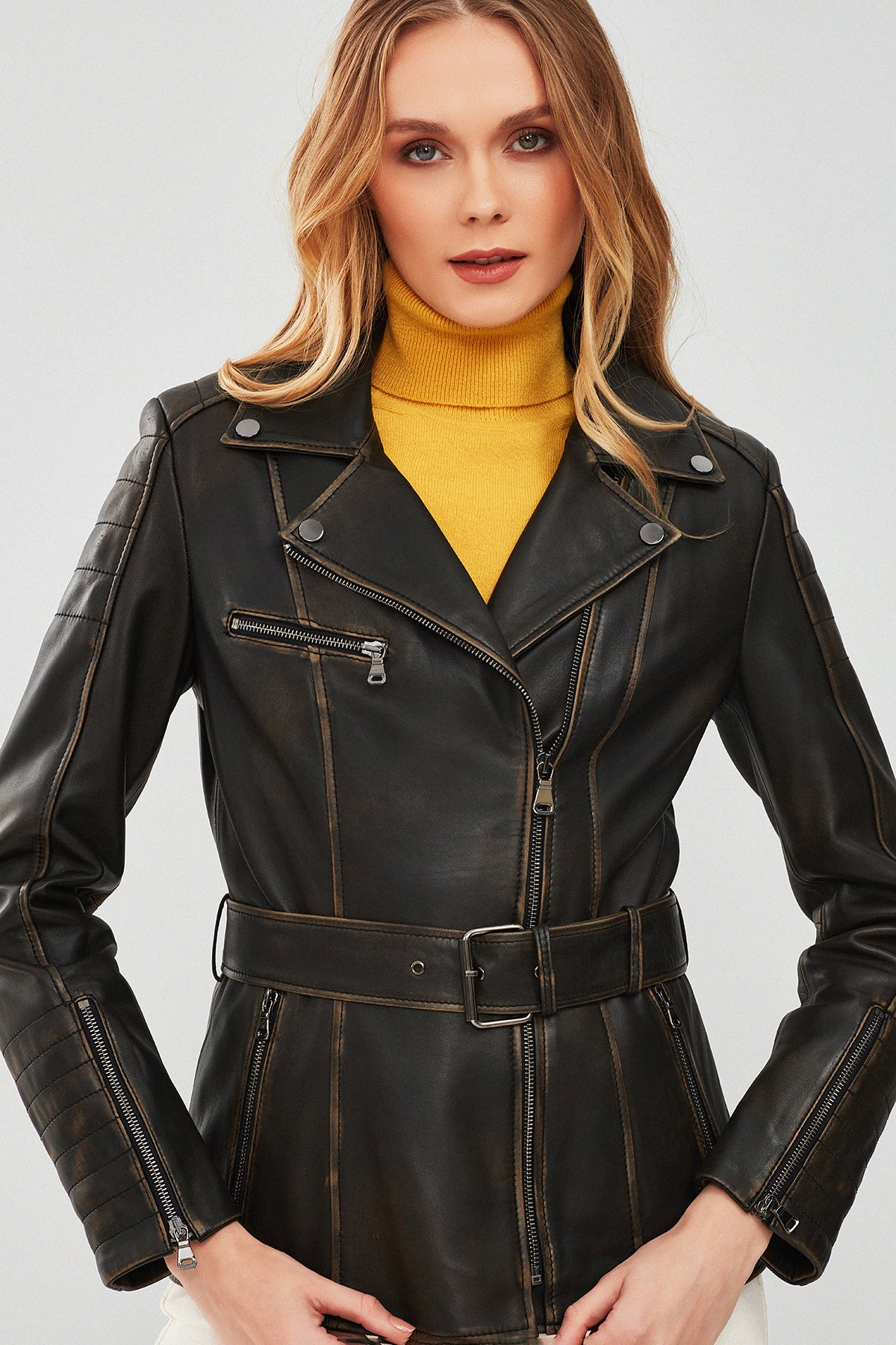 Mayfair Kadın Kahverengi Vintage Uzun Biker Deri Ceket - Image 7