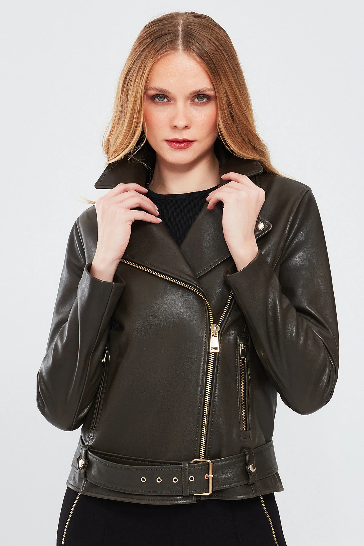 Melody Kadın Yeşil Biker Deri Ceket - Image 4