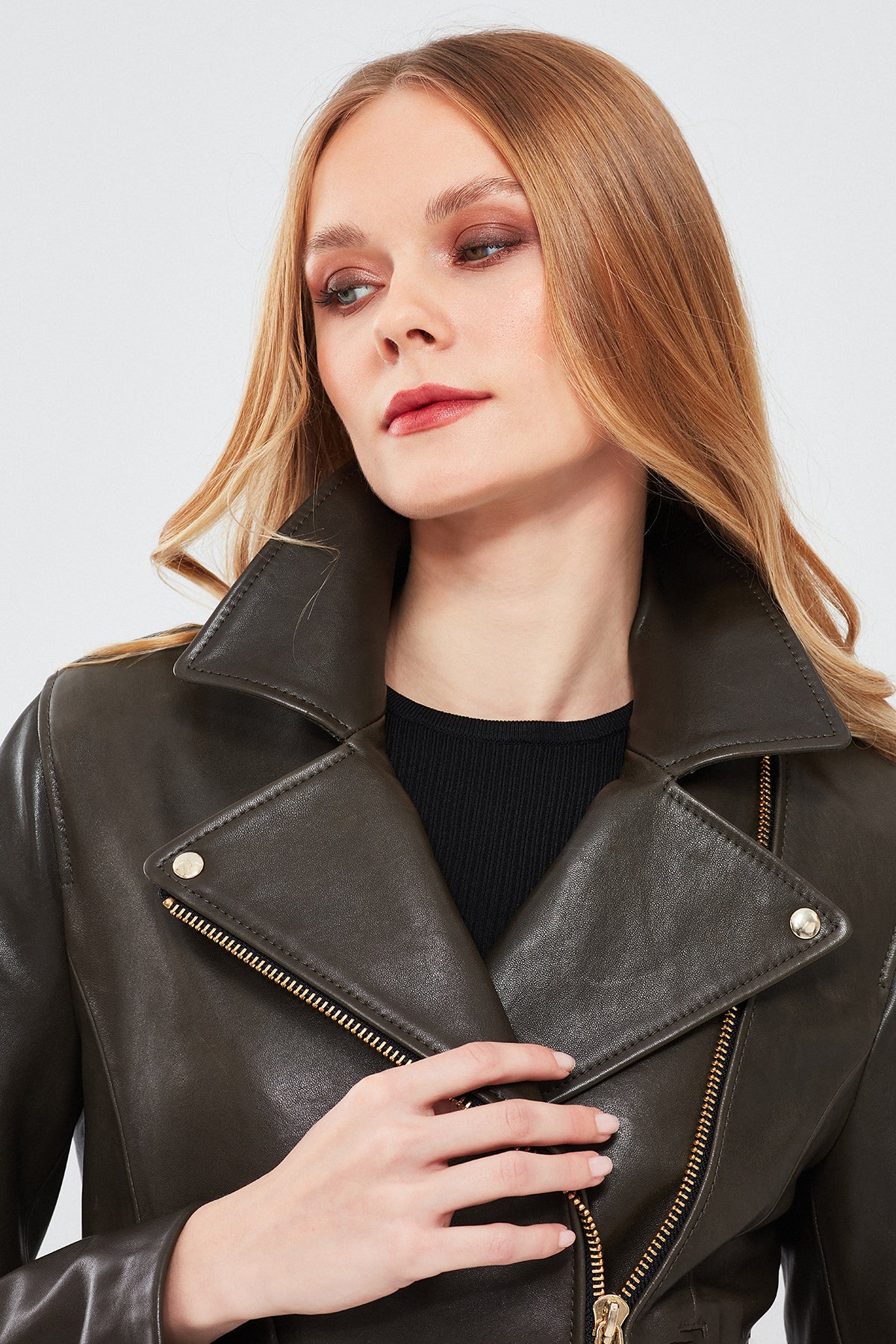Melody Kadın Yeşil Biker Deri Ceket - Image 6