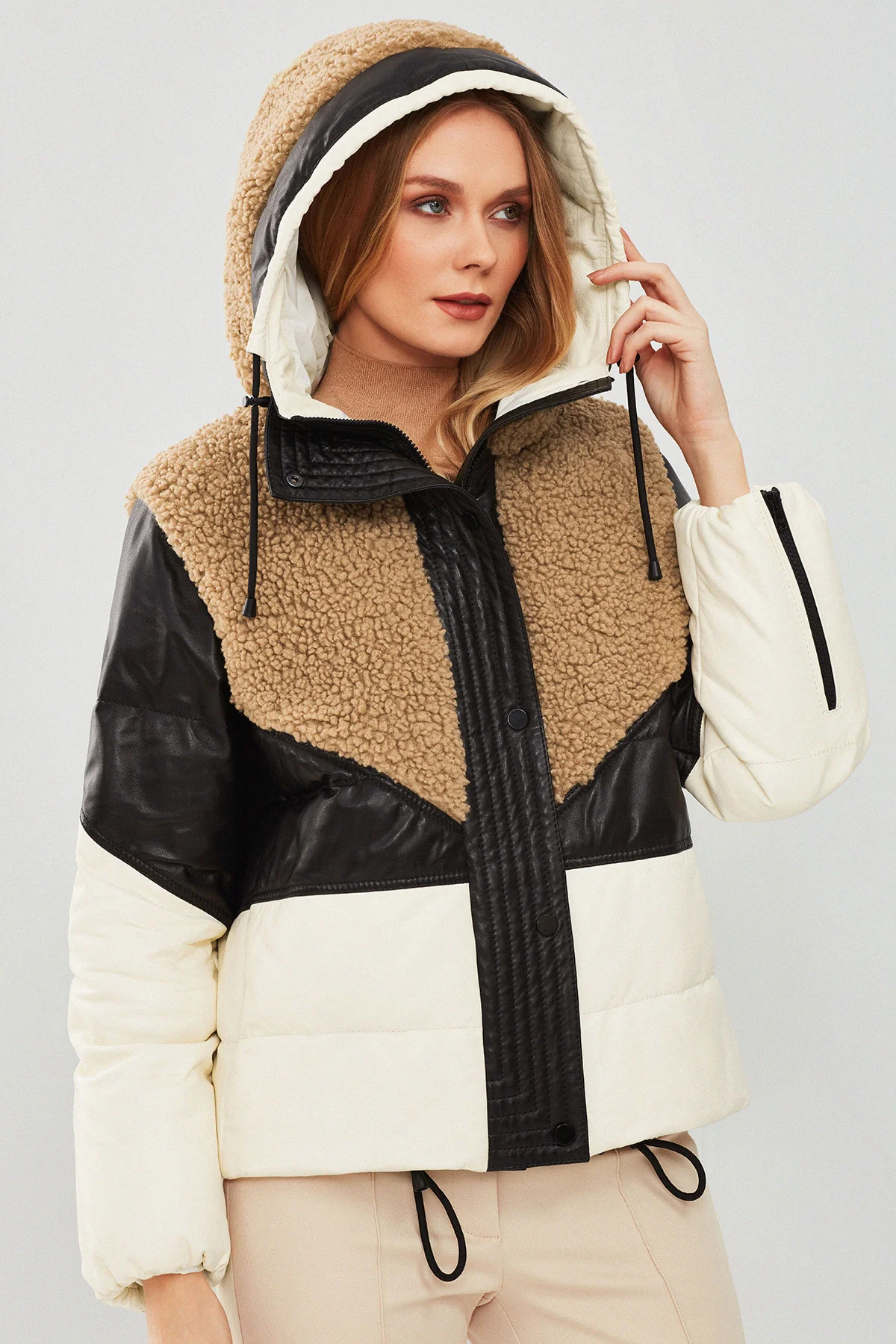 Monterosa Kadın Çok Renkli Kapüşonlu Teddy Kaban - Image 5