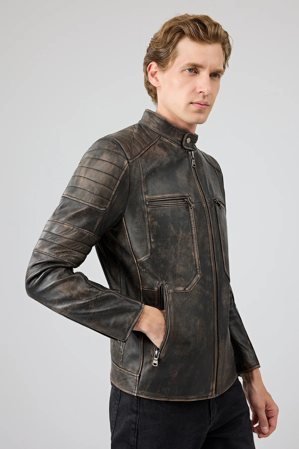 Morant Erkek Kahverengi Vintage Slim-Fit Deri Ceket - Image 3
